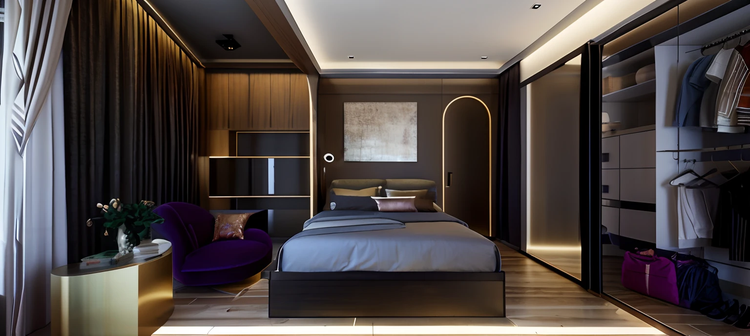 a photo of a bedroom with a bed, closet, and a chair, bed on the right, dim bedroom, bedroom interior, low details and clean lines, detailed rendering