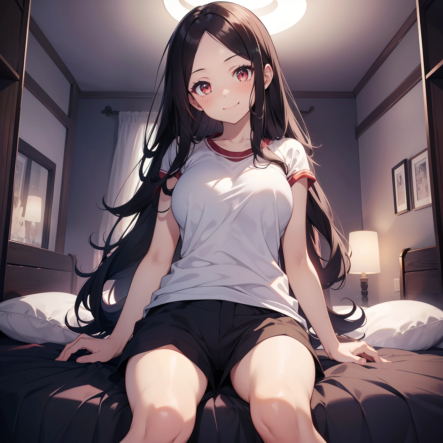 (masutepiece,Best Quality,8K),(extremely detailed CG1.1),s girl,Smile,large boob,(From below:1.2),Intricate details , Hyper realistic, Perfect Anatomy,A dark-haired,Red Eyes,(((Forehead))),Permed hair with wavy hair,(((length hair))),Hair over one eye,hair slicked back,Full body,tshirts,Black shorts,blush,Happy smile,(((Bedrooms))),((Night view)),optic,(chromatic abberation:1.3),Dynamic Angle,bird flocks,Cowboy Shot,Looking at Viewer,Sit cross-legged