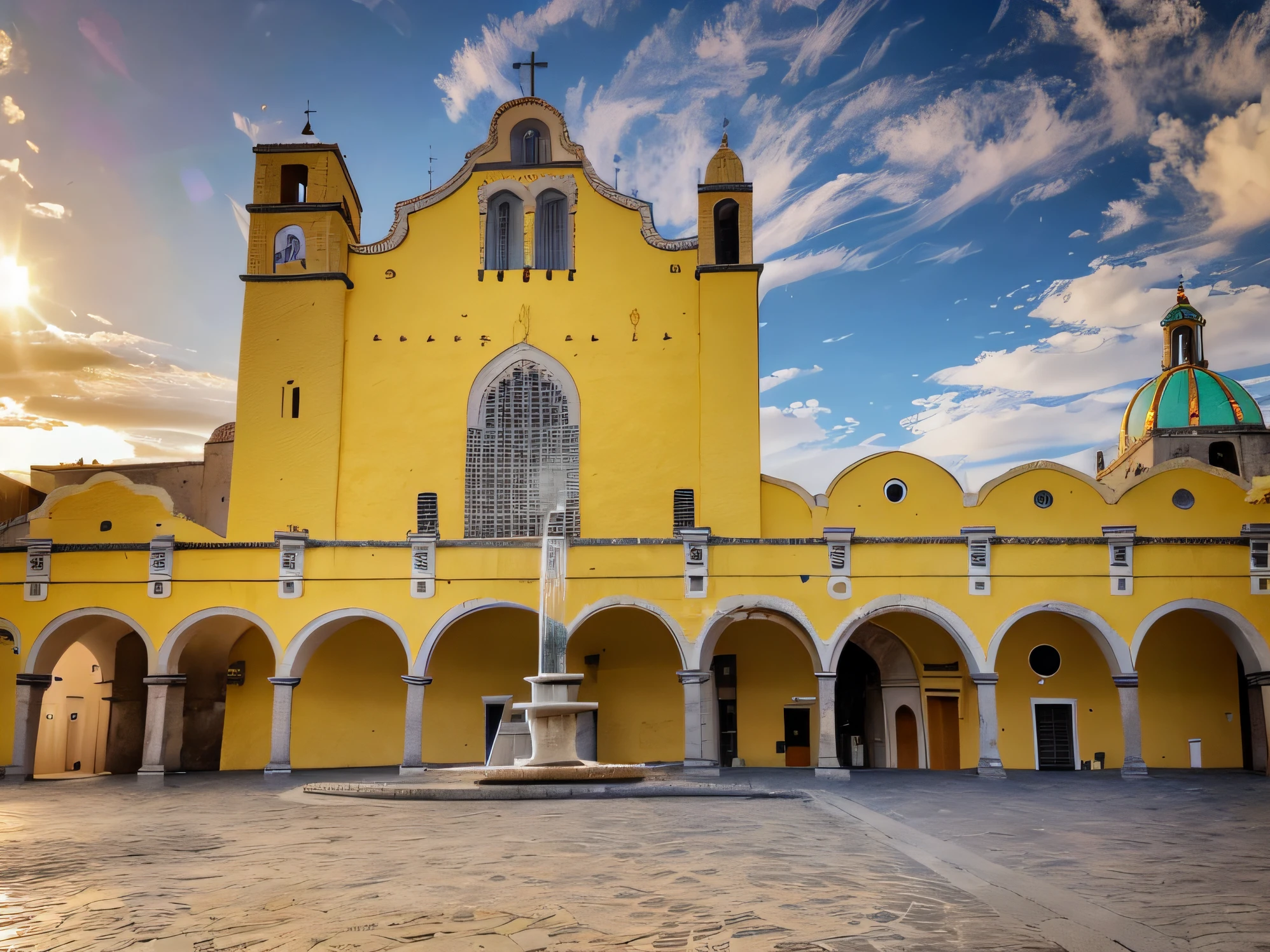 There is a yellow building with arches and a fountain in front of it, Centre-ville de Mexico, Guanajuato, Tlaquepaque, Cathedral of the Sun, with large domes and arches, Cadre historique, Old cathedral behind, monastery, in Chuquicamata, Mexique, Large arches at the back, dans une ville riche en histoire