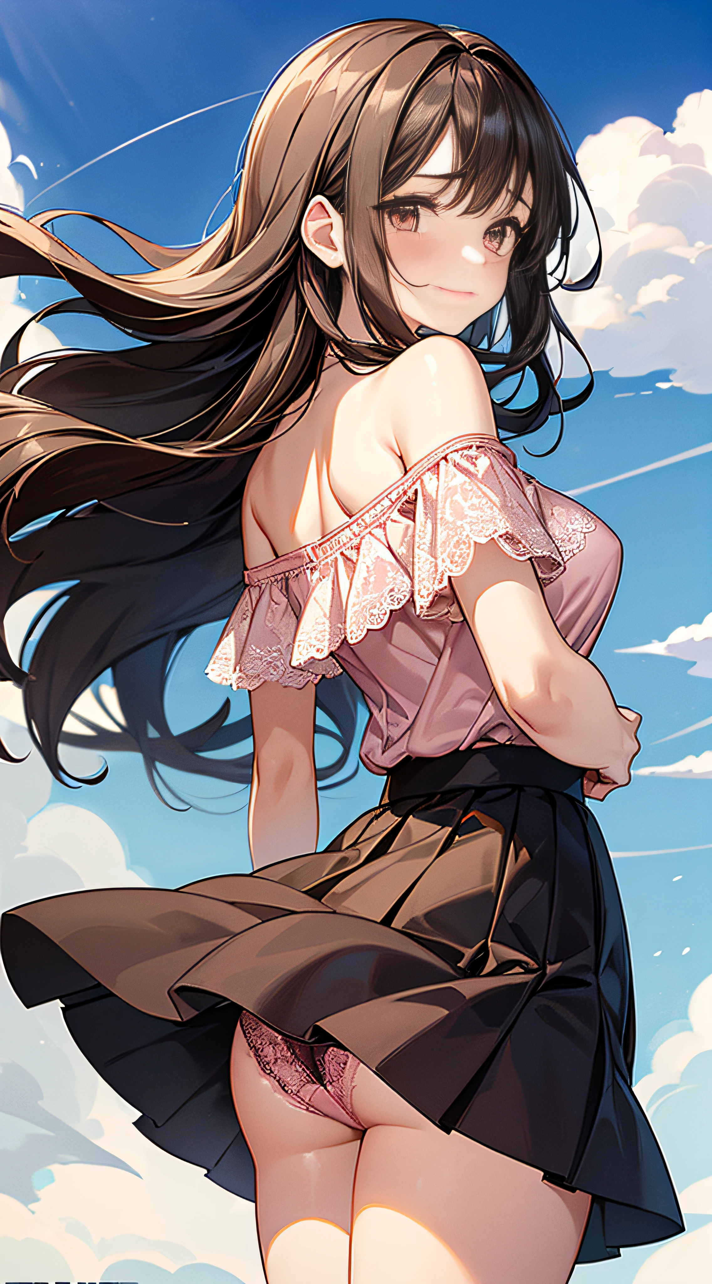 Anime girl with long hair and a pink top standing in the sky - SeaArt AI
