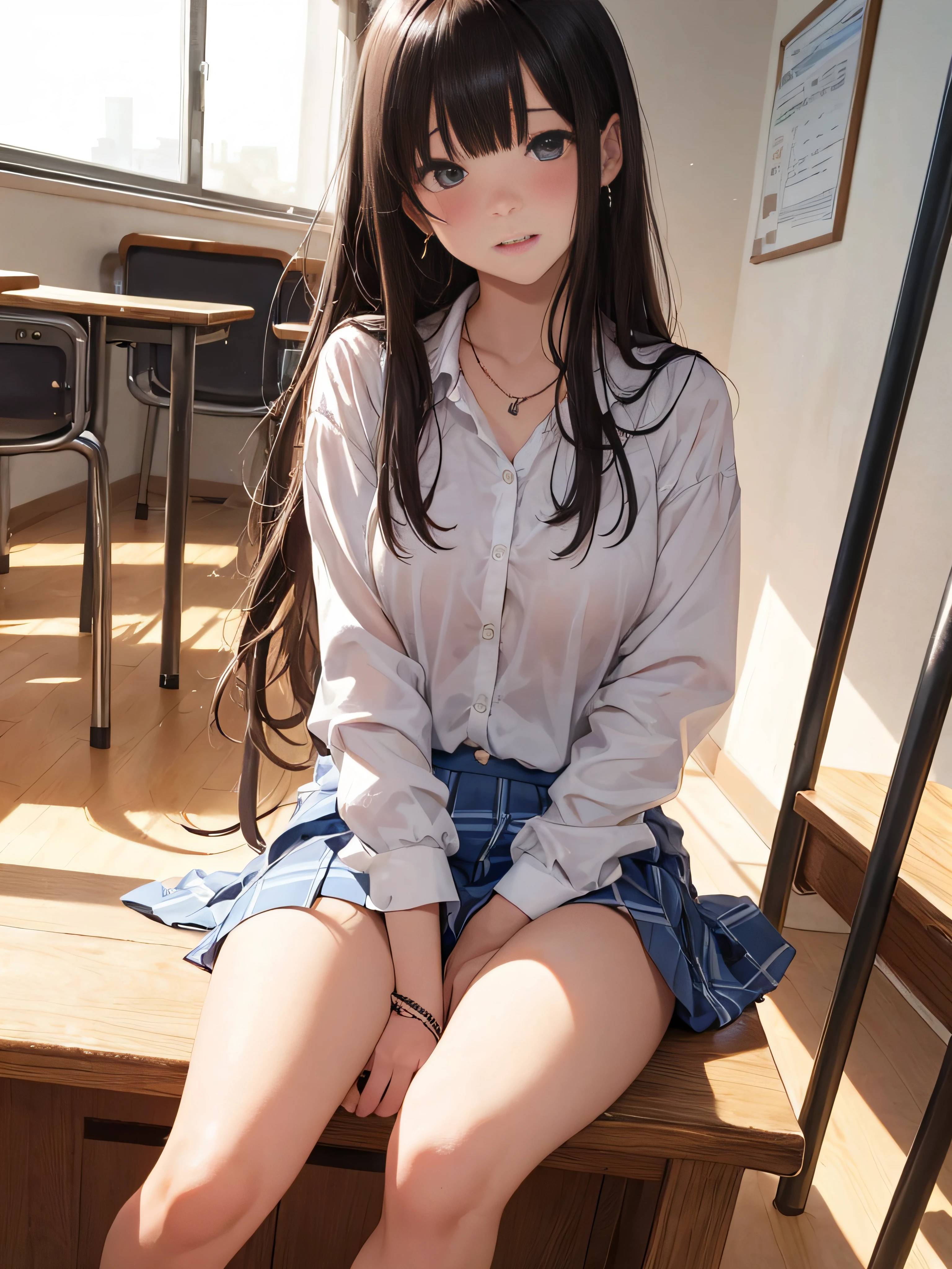 photorealisim、top-quality、超A high resolution、a picture、Extraordinary beautiful girl、Highlights of cheek luster、Detailed cute and beautiful face、(pureerosface_v1:0.008)、Beautiful bangs、Glowing white shiny skin、Bangs between the eyes、shiny and beautiful hair、Silky hair、finer hair、High-definition eyes、Beautiful, Bright and clear, Big eyes shine charmingly、eye liner、Double eyelids、Full body like、(((Blushing cheeks、embarassed expression)))、shiny little necklace and earrings, shiny lips: 1.4, (Shy laughter)、Kamimei、white shirt、pleatedskirt、((Light blue lace panties))、((Open knees))、(((Blushing cheeks、embarassed expression)))、((open one's legs))、Masturbation behavior、((Disheveled clothes))、((Dressing))、sodden、Sheer underwear、Puffy nipple、Neat girl,18 years old, (High School Uniform: 1.0),Brown hair, bangs flowing diagonally, Medium Wave Long Hair, Blue eyes, medium breast size, In the classroom where the setting sun shines, sit on stairs