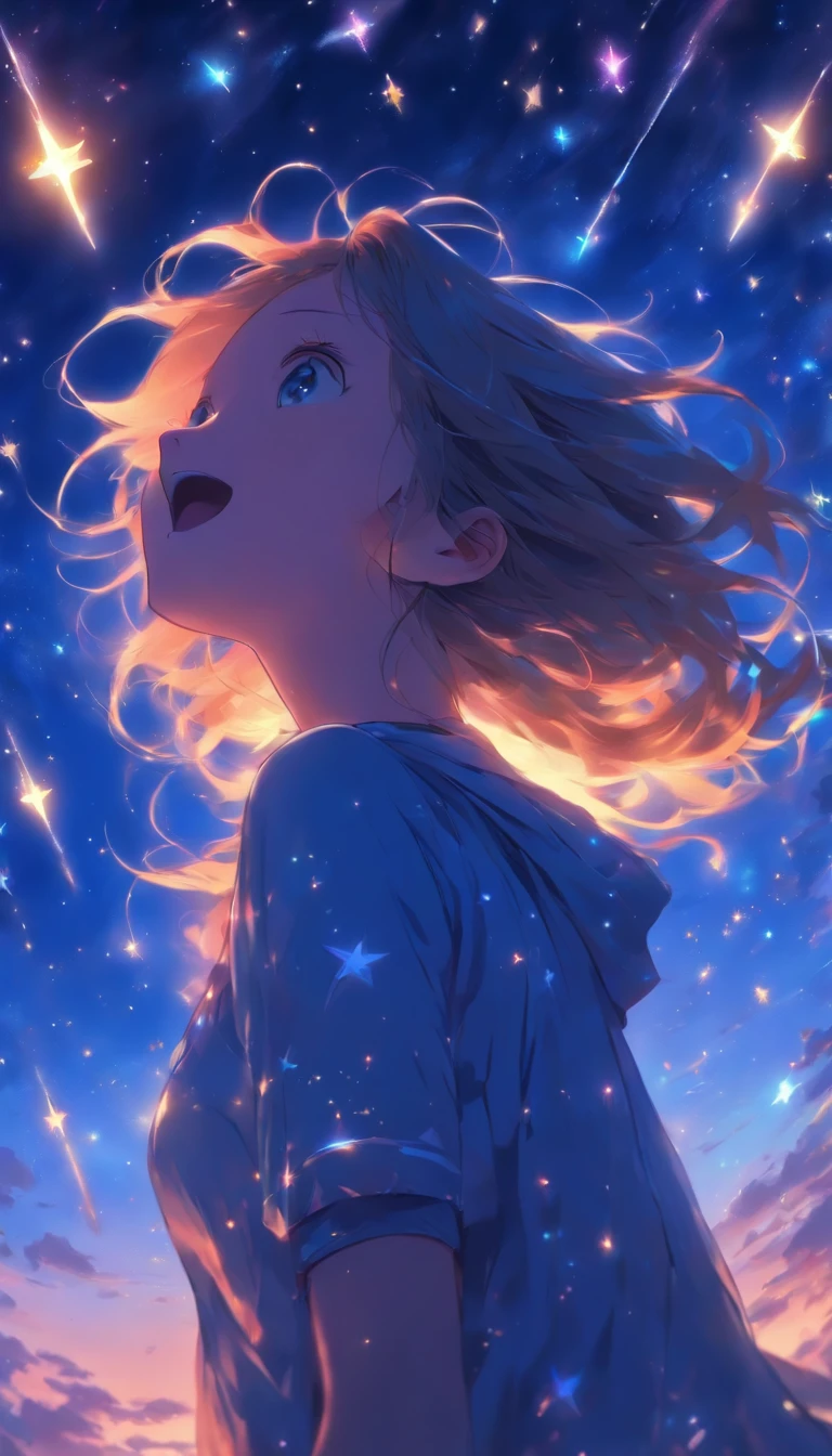 Overall blue impression。Shooting stars in the night sky。Woman looking up at the sky。length hair。profile。Fantastic sky。Clear sky。Floating stars and planets。fantastic。High quality in every detail。fantastic landscape。People who are far away々