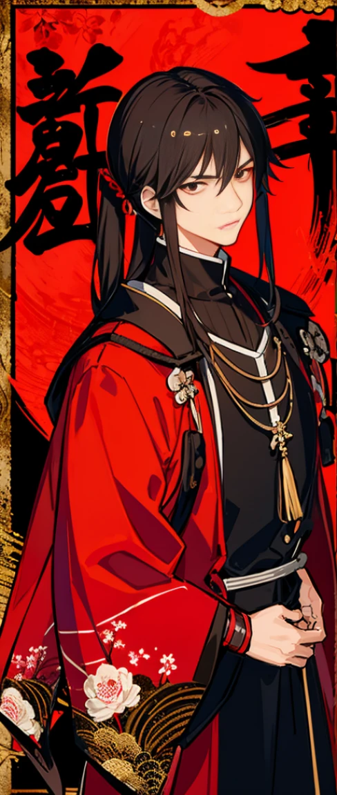 Yamada Nakamasa ,young adult male,ink painting,Long black hair,Wearing red samurai armor,Black dress,Black Hair,Looks serious Japanese