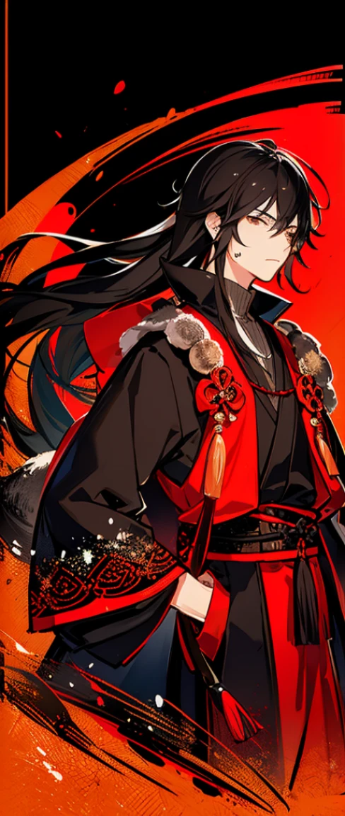 Yamada Nakamasa ,young adult male,ink painting,Long black hair,Wearing red samurai armor,Black dress,Black Hair,Looks serious Japanese