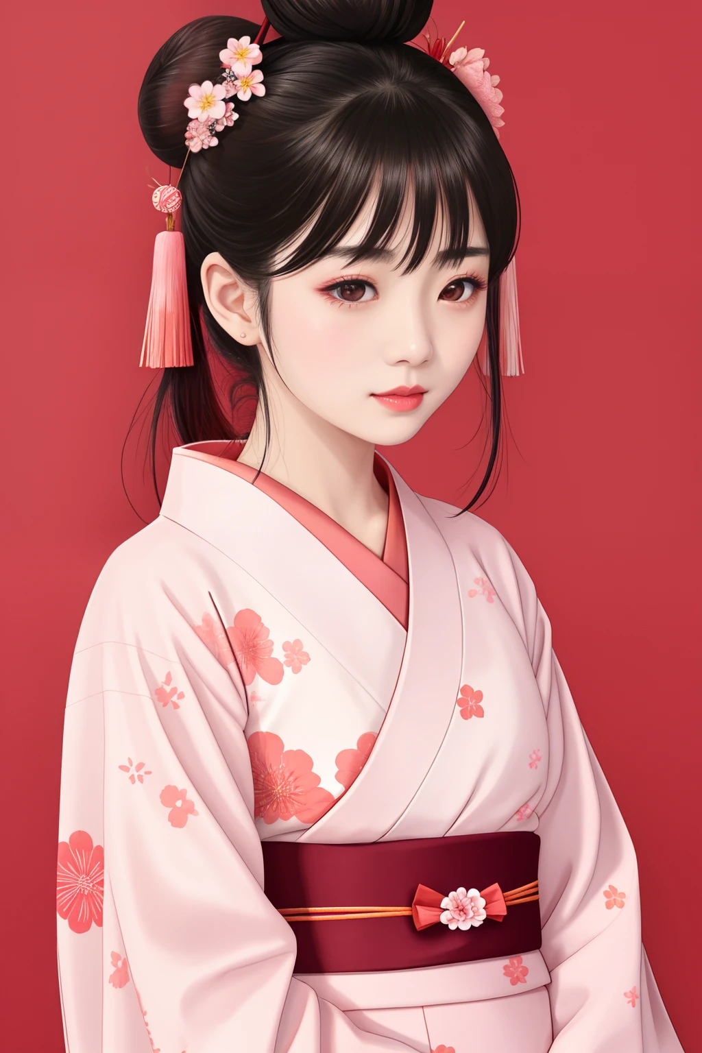 Eyes closed、((Big、a small face、No exposure))、top-quality、masterpiece、(Bun hair Black hair、Ponytail hair)、Brown eyes、⦅From the buttocks up is the whole body、Diagonally horizontal⦆、(4In K、masterpiece、hight resolution、Realistic and beautiful light and shadow、One girl、Solo Focus、(top-quality)、(Hi-Res)、(extremely delicate and beautiful)、(Beautiful 8k face)、(I close my eyes while smiling.)、(独奏)、(Clear skin)、(Soft hair)、(7headed body)、(Japanese style yukata kimono with red and pink floral pattern isolated on white background、Beautiful girl in Japan wearing yukata)、((Hair in a bun))、((Tanabata decoration background))、((a small face))、(reality)、thin and small nose、(red lipsticks)、(Reddening cheeks)、(Lustrous skin)、((Ukiyo-e style))、Ultra-thin eyebrows、Ultra high image quality、(Wearing maiko-style makeup)、skin whitening、long and beautiful lashes、Lustrous skin that changes like a model in a Kyoto magazine、(Red-dyed cheeks),Nasal muscle
