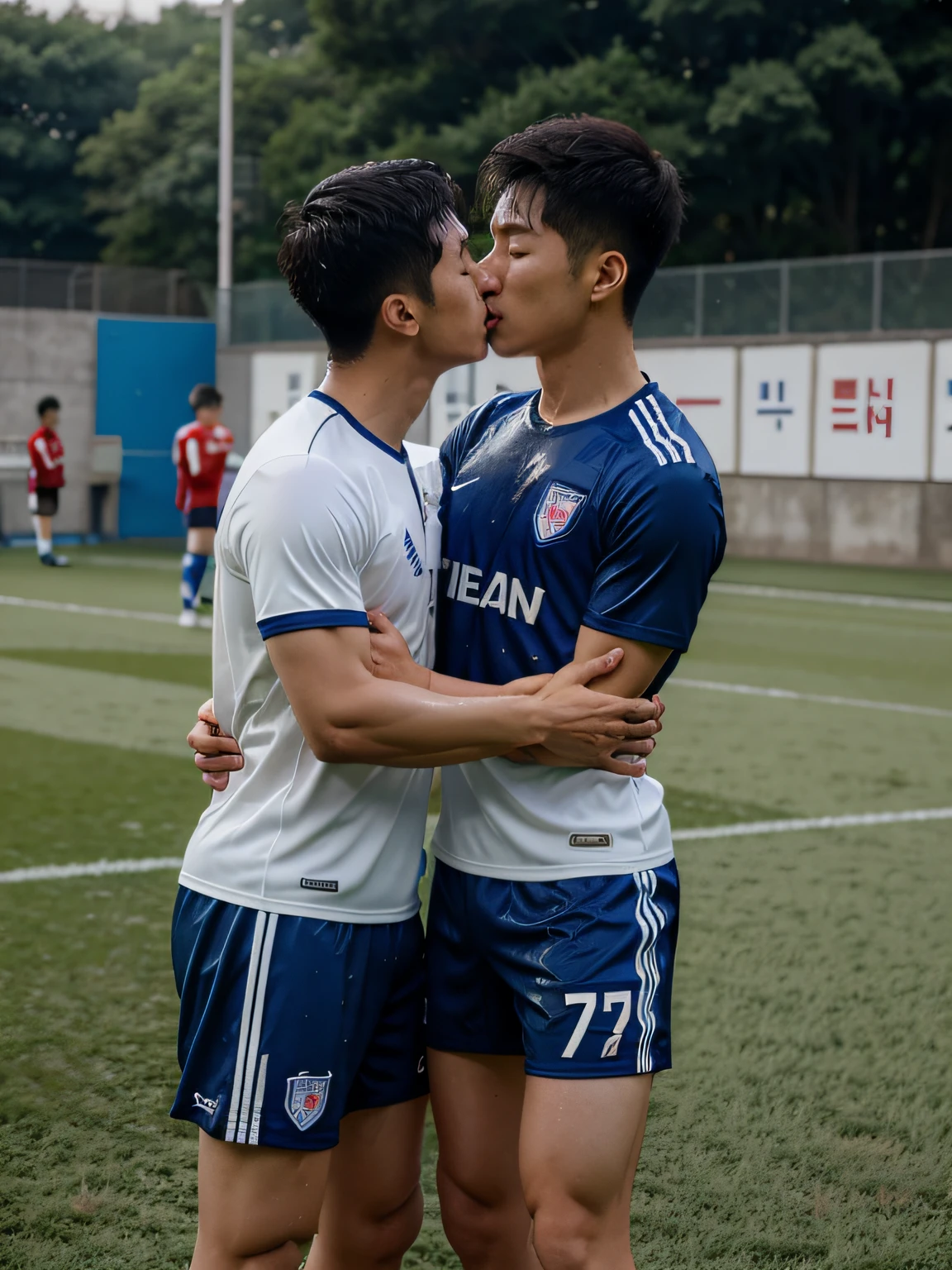 Two Korean men in wet soccer kit kiss