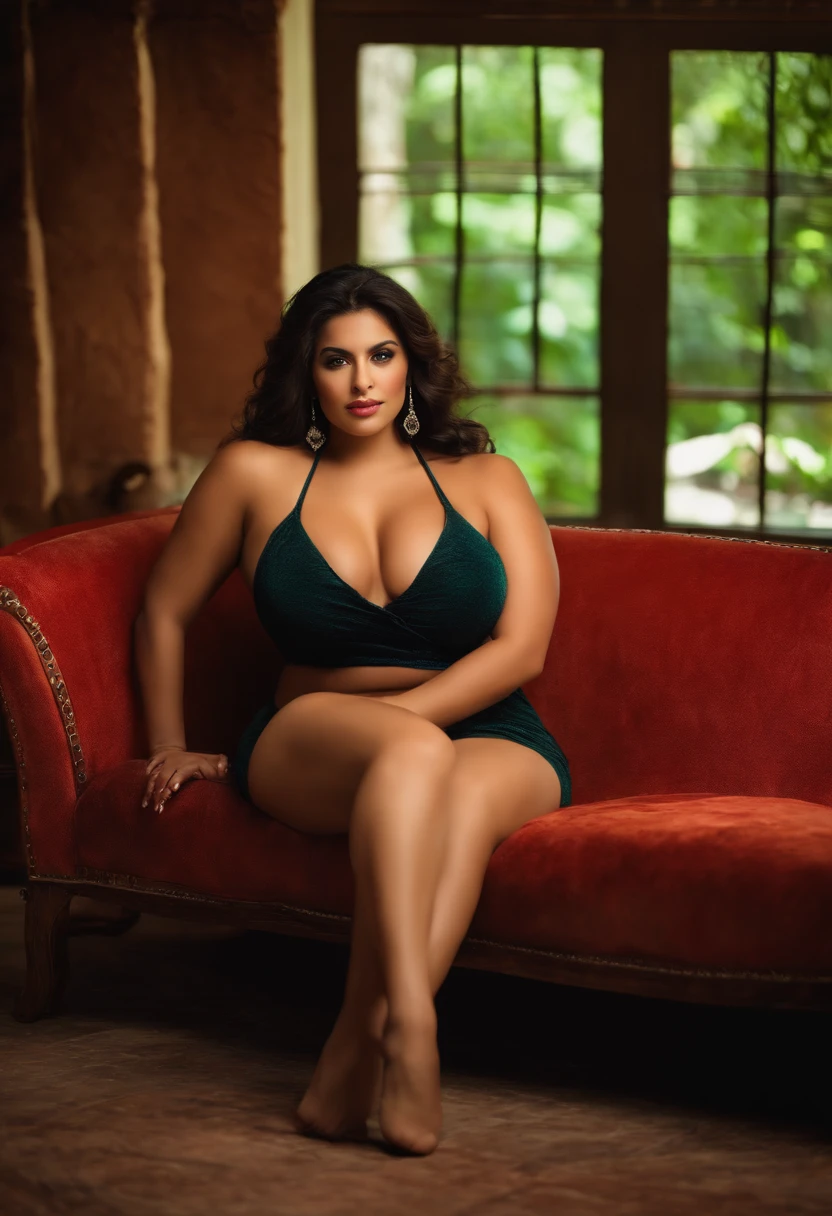 latina, huge breasts, laying down with feet toward camera