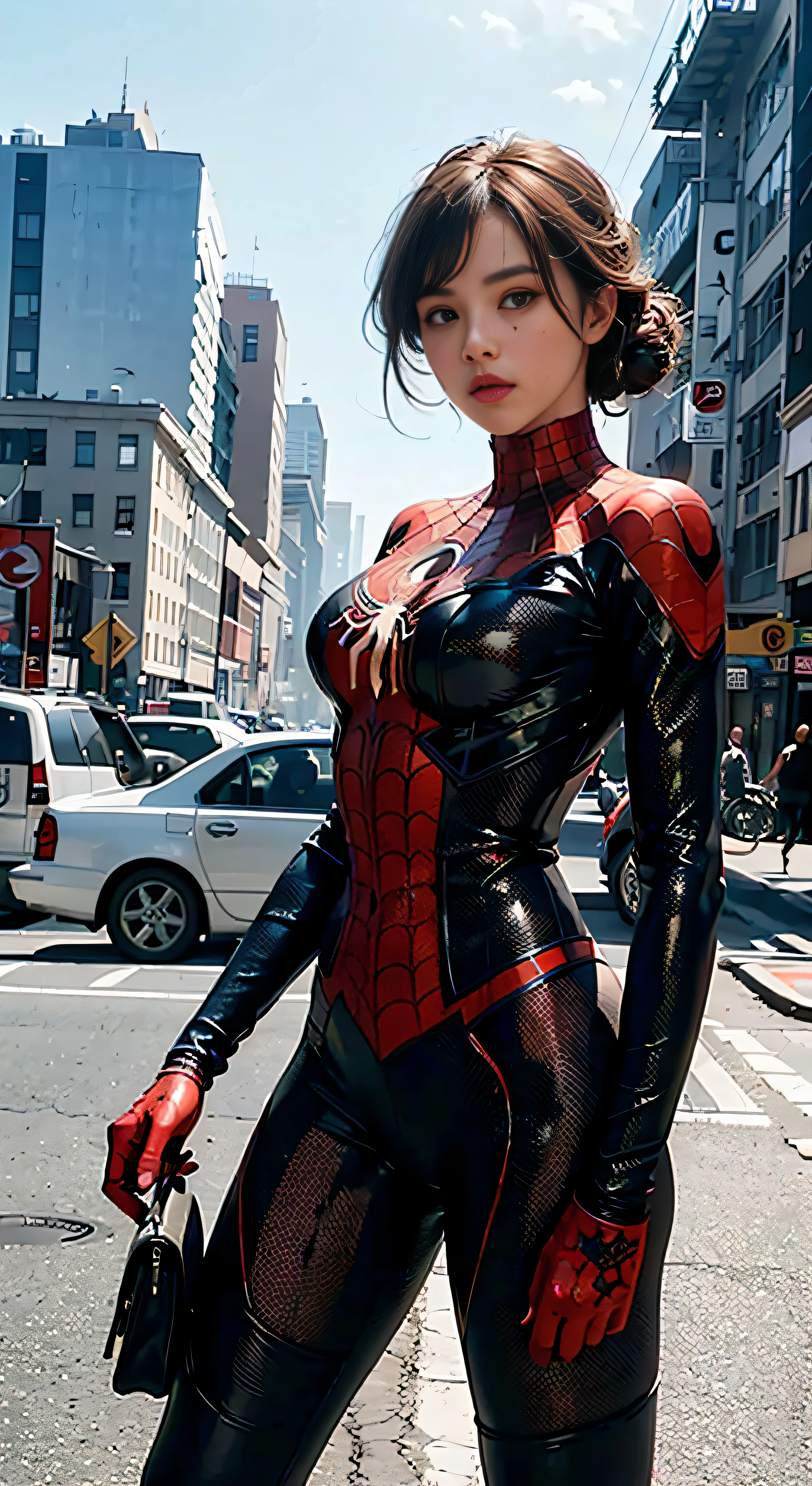 16k image, gorgeous (maid/Spider-Man), tight clothes on her body, long curly blue hair, within a meter full of men looking at her, she's unleashing webs on top of the men inside the subway trapping them on the subway walls.