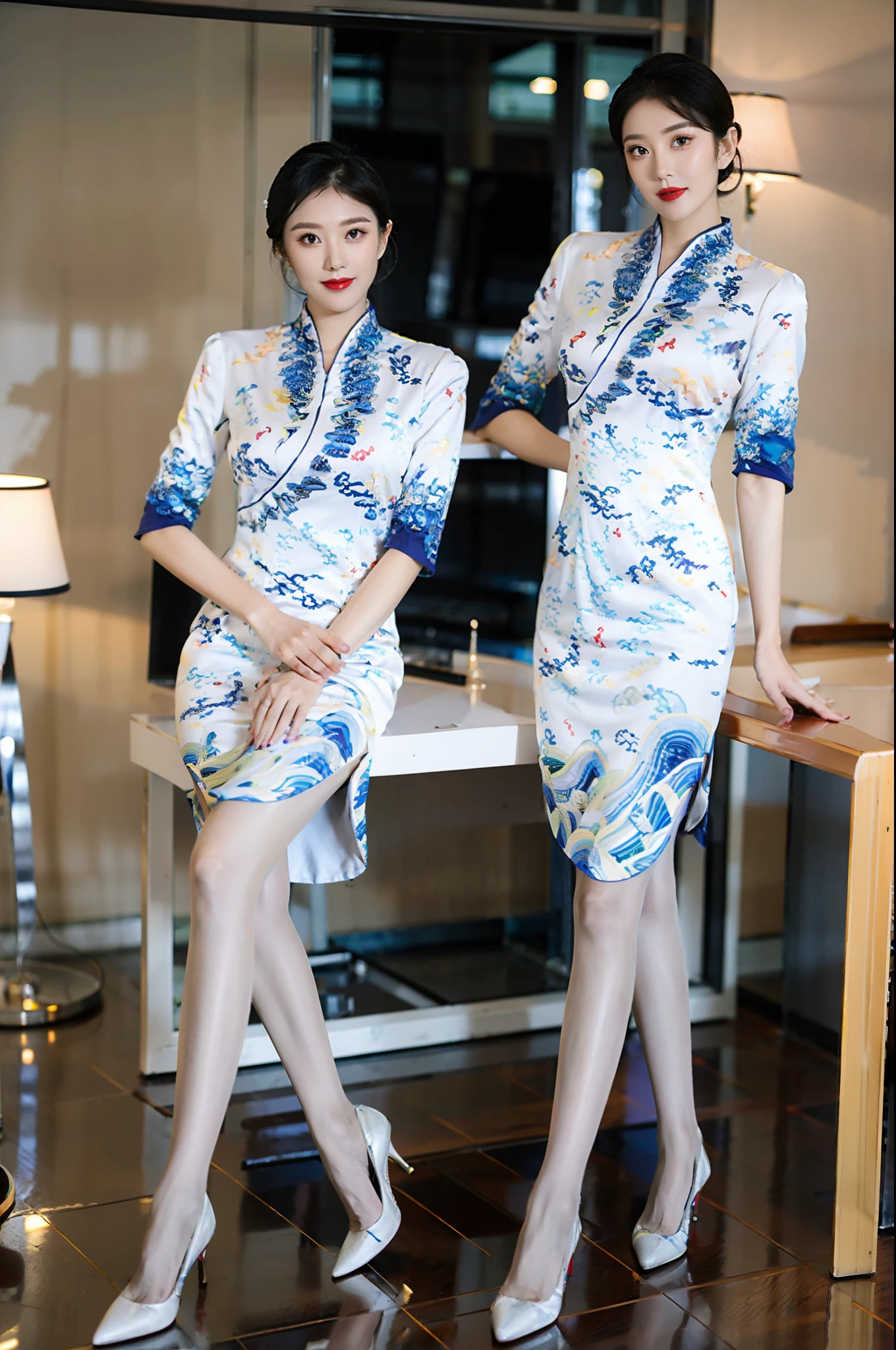 Stiletto heels，Single ball hairstyle，Heavy makeup，Redlip，White skin，mature，full bodyesbian，Long legs，You can see the whole body，Ultra-thin flesh-colored pantyhose，Flight attendant cheongsam uniform，on bedroom，Standing