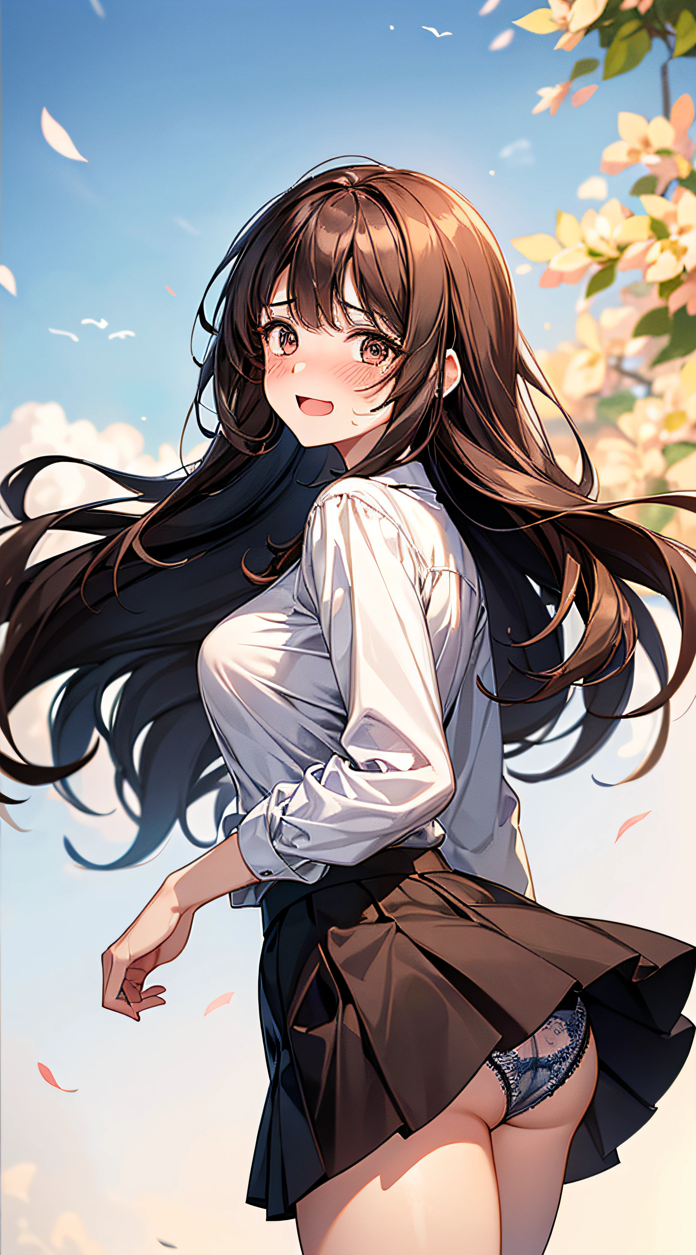 Anime girl with long hair and a skirt in front of a tree - SeaArt AI