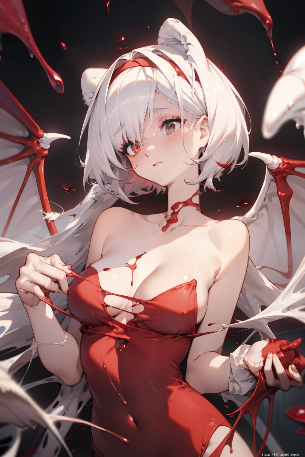 Leakage out of the collarbone，Neck leakage，White color hair，succubi，have demon wings，There are wounds on the body，The wound bleeds，Deep V one-piece swimsuit，Bigboobs，Blood droplets splattered，lineage，Red silk thread