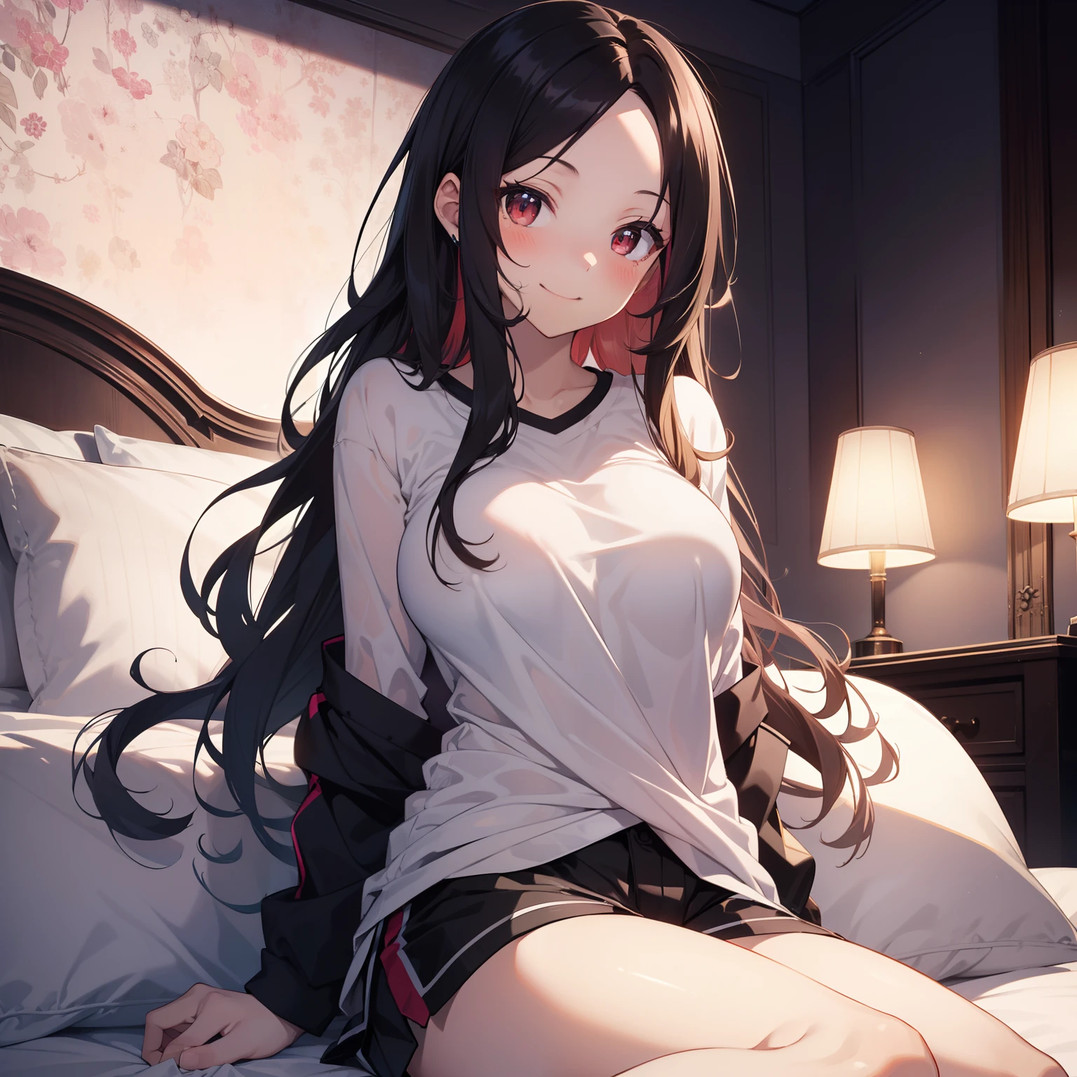 (masutepiece,Best Quality,8K),(extremely detailed CG1.1),teens girl,Smile,large boob,(From below:1.2),Intricate details , Hyper realistic, Perfect Anatomy,A dark-haired,Red Eyes,(((Forehead))),Permed hair with wavy hair,(((length hair))),Hair over one eye,hair slicked back,Full body,onepiece,blush,Happy smile,(((Bedrooms))),((Night view)),(chromatic abberation:1.3),Dynamic Angle,Looking at Viewer,Lie down