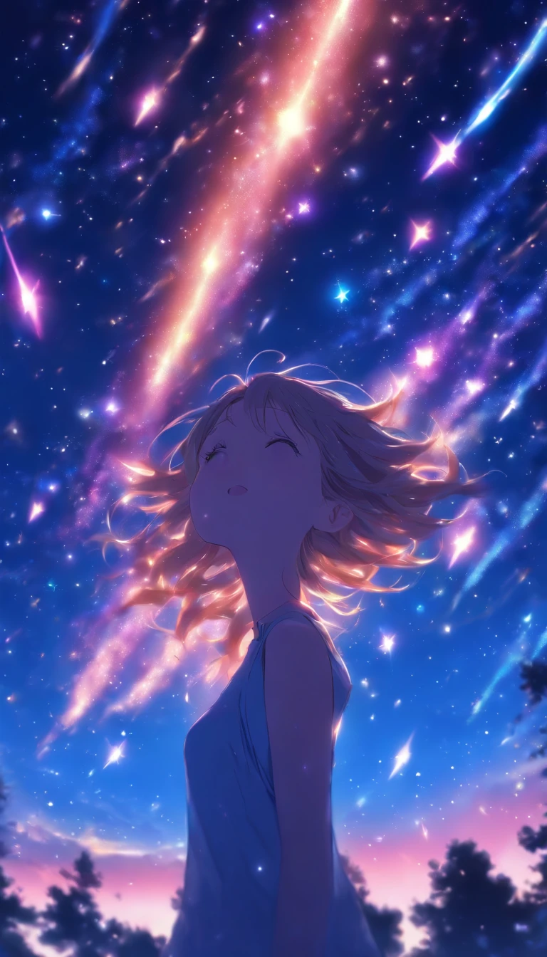 Overall blue impression。Shooting stars in the night sky。Woman looking up at the sky。length hair。Fantastic sky。Clear sky。Floating stars and planets。fantastic。High quality in every detail。fantastic landscape。People are big。