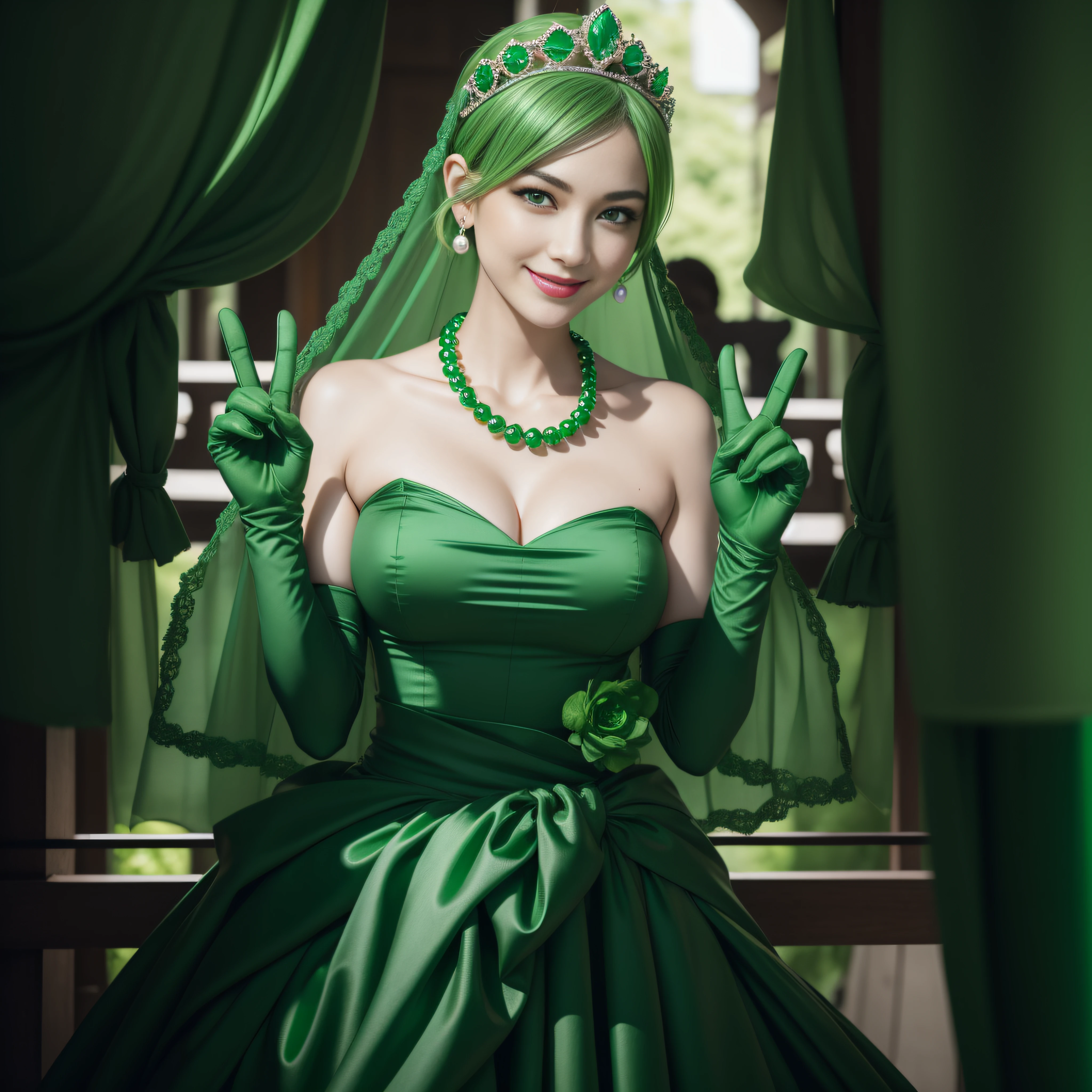 emerald tiara, green pearl necklace, boyish very short green hair, green lips, smiling Japanese woman, very short hair, Beautiful woman with big breasts, green eyes, green satin long gloves, green eyes, emerald earrings, green veil, Heart with both hands, green hair, beautiful japanese woman, V sign, green lip gloss