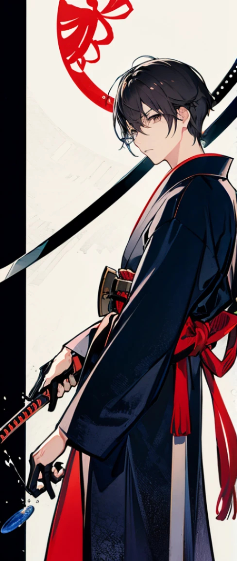 Yamada Nakamasa ,young adult male,ink painting,Long black hair,Wear red samurai armor with white and blue sword patterns.,Black Yukata,I have a little gray hair.,Looks like a serious Japanese person.,moon,