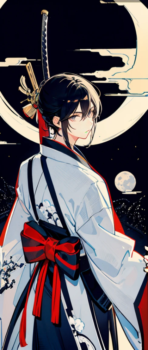 Yamada Nakamasa ,young adult male,ink painting,Long black hair,Wear red samurai armor with white and blue sword patterns.,Black Yukata,I have a little gray hair.,Looks like a serious Japanese person.,moon,
