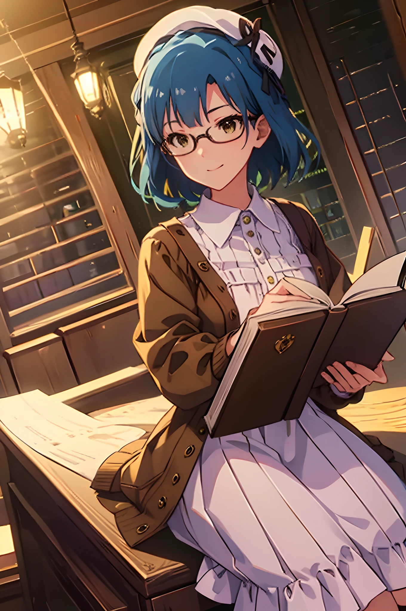yuriko nanao (million live), 1 girl, Solo, Cute Girl, Best Quality, Ultra-detailed, 8K, High resolution, Detailed face, (Cinematic Angle), Bob Hair, light smile, glasses, (beret), white collared shirt, long sleeves, (((jumper dress, brown dress))), brown footwear, ((holding a book)), old library, bookshelf, a lot of books,