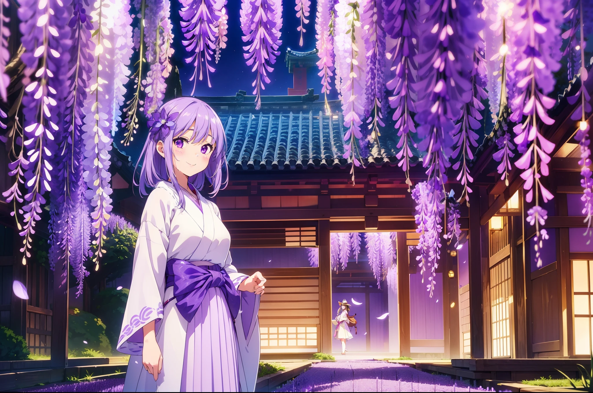 1 cute girl ,Japanese clothing, standing, cowboy shot, wide shot , ((wisteria trellis in the distance)), character focus , ((violet lighting)), cinematic lighting, night, smile  , ((masterpiece)), ((best quality)), ((ultra-detailed)), (illustration), ((an extremely delicate and beautiful))