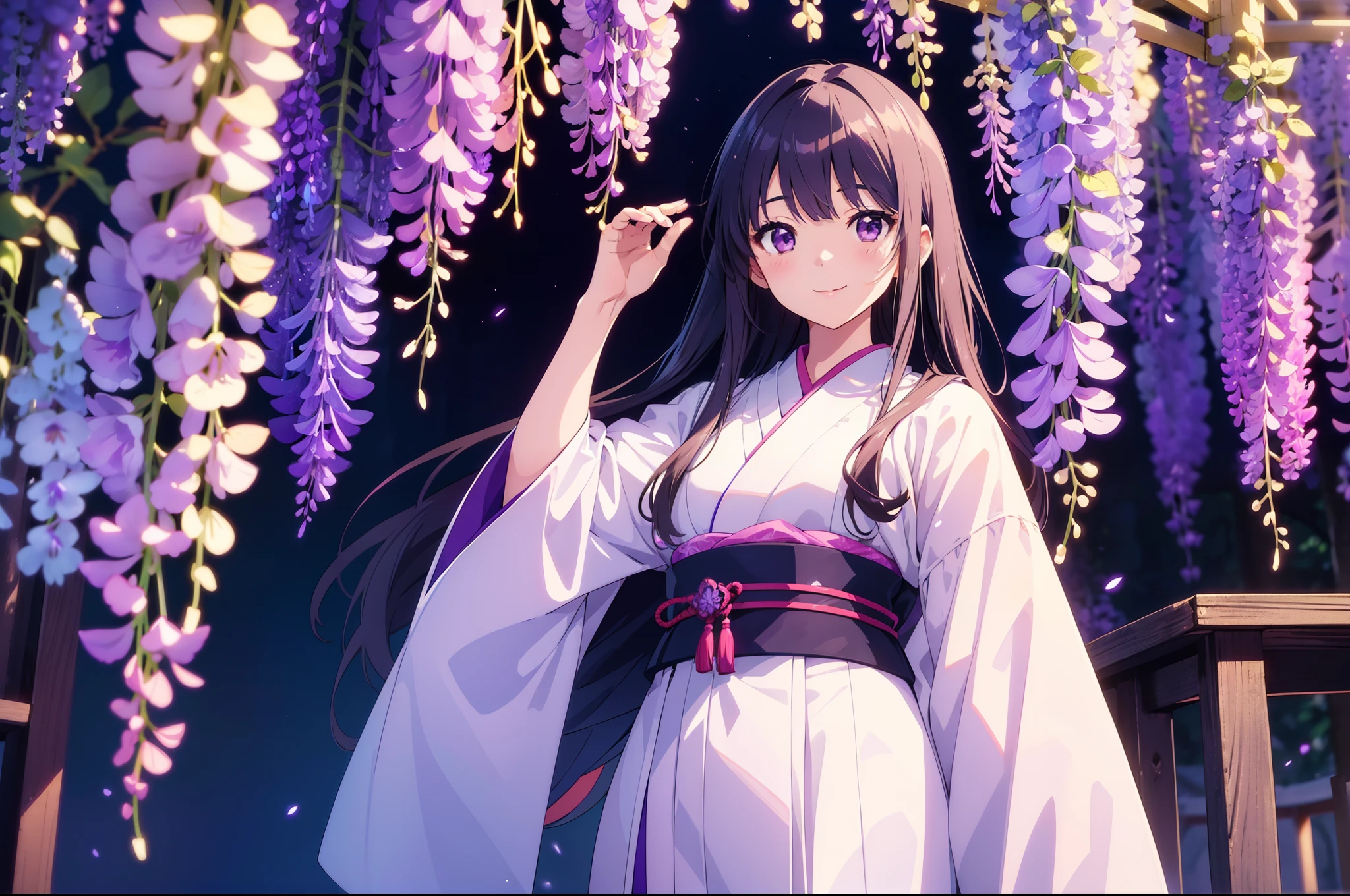 1 cute girl ,Japanese clothing, standing, cowboy shot, wide shot , (wisteria trellis in the distance), character focus,(from below:0.7) , (violet lighting), cinematic lighting, night, smile , ((masterpiece)), ((best quality)), ((ultra-detailed)), (illustration), ((an extremely delicate and beautiful))