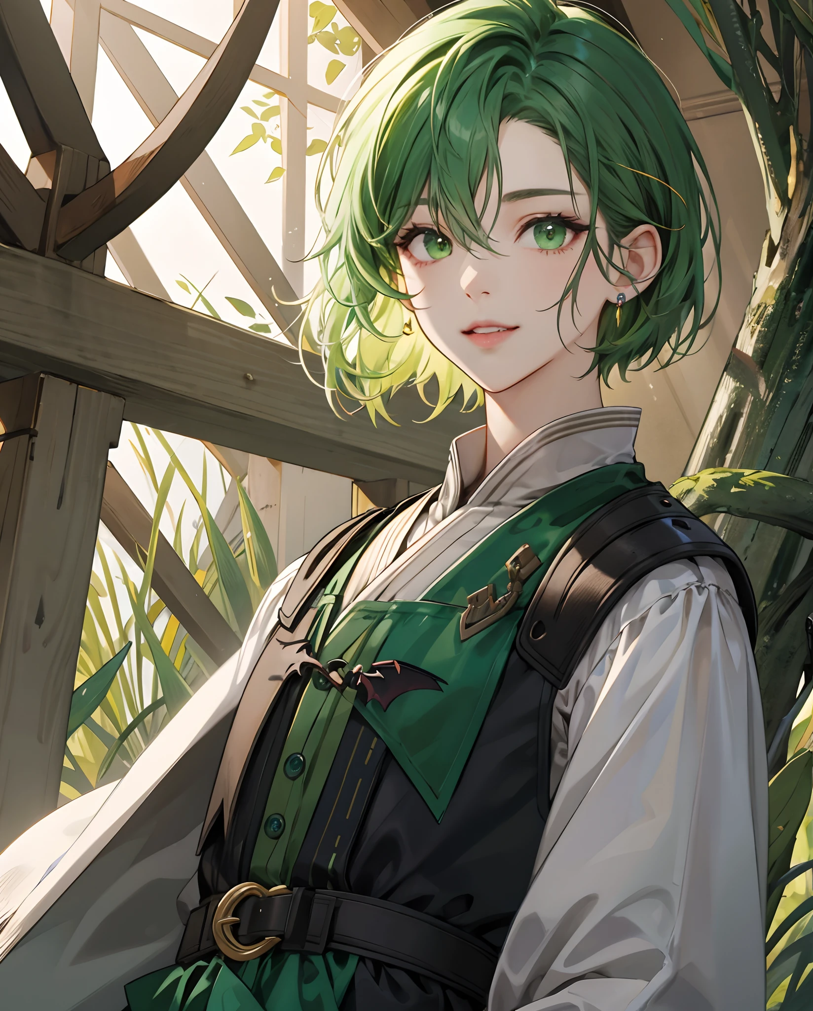 ​masterpiece、top-quality、超A high resolution、2D Beautiful Girl、animesque、teens girl、green colored hair、short-haired、Vampire-like figure、Beautiful yellow-green eyes、The clothes are also depicted in detail、Eyes are depicted in detail、The face is depicted in detail、sorcerer、soio、Gentle smile、hair adornments、animesque、illustratio