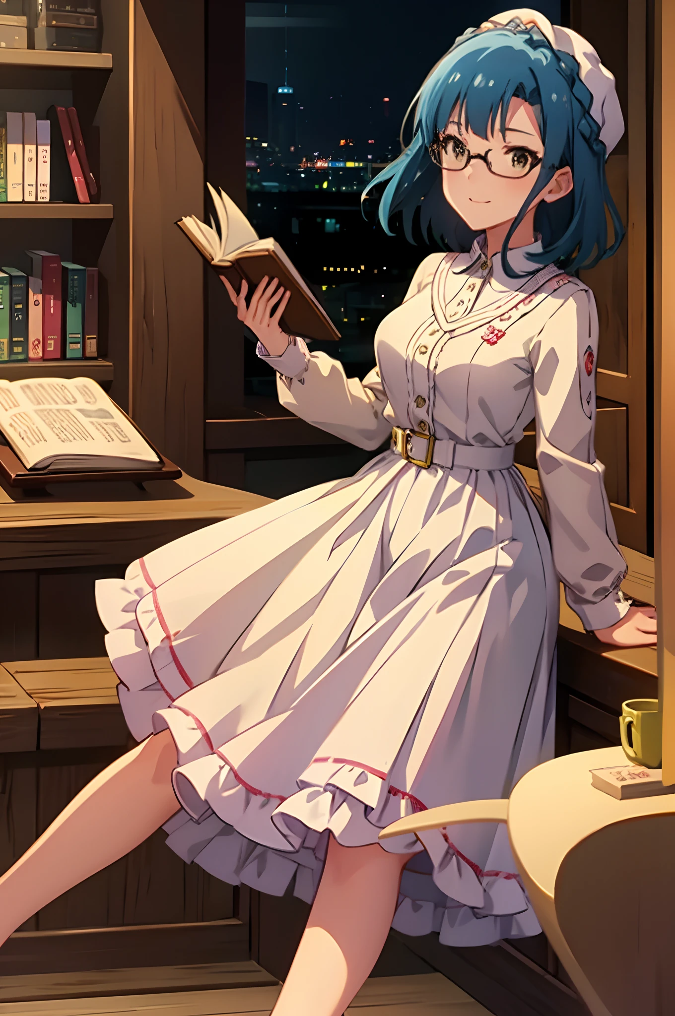 yuriko nanao (million live), 1 girl, Solo, Cute Girl, Best Quality, Ultra-detailed, 8K, High resolution, Detailed face, (Cinematic Angle), Bob Hair, light smile, glasses, (beret), white collared shirt, long sleeves, (((jumper dress, brown dress))), brown footwear, ((holding a book)), old library, bookshelf, a lot of books,