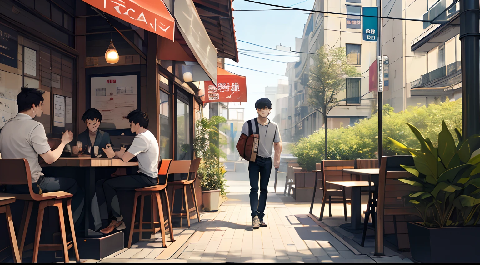 Sunny afternoon, in a café , A boy frowned in confusion,Look at the wallet money in your hand。