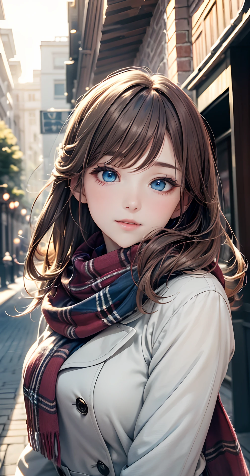 (​masterpiece),(top-quality:1.2),1girl in,(masuter piece:1.3),exquisitedetails, Highest quality 8K resolution, Ultra-detailed, Realistic, Vibrant colors, Soft tones, With warm and gentle lighting,(Beautiful plaid scarf:1.3),(Preet Pink Ruffled Ribbon Dress,) (Brown long coat:1.2) early evening,Big sunset,(Smooth straight, brown haired:1.2),(Hair parted in the middle:1.3),(Glowing hair),(Dark blue eyes:1.3),White skin, hair clips,Overflowing soft and gentle feelings,(The promenade is full of flowers),The sun's rays illuminate joy and pure love, Warm golden glow,The atmosphere is full of happiness and laughter, As if celebrating love,Sticking to ultra-detailed depictions and vivid colors. In a style that blends romanticism and realism、You can feel the depth of love,color palettes,Create an ethereal atmosphere like a dream,and the lighting is soft and diffused, Shine a gentle light on your face,The artwork is a masterpiece,