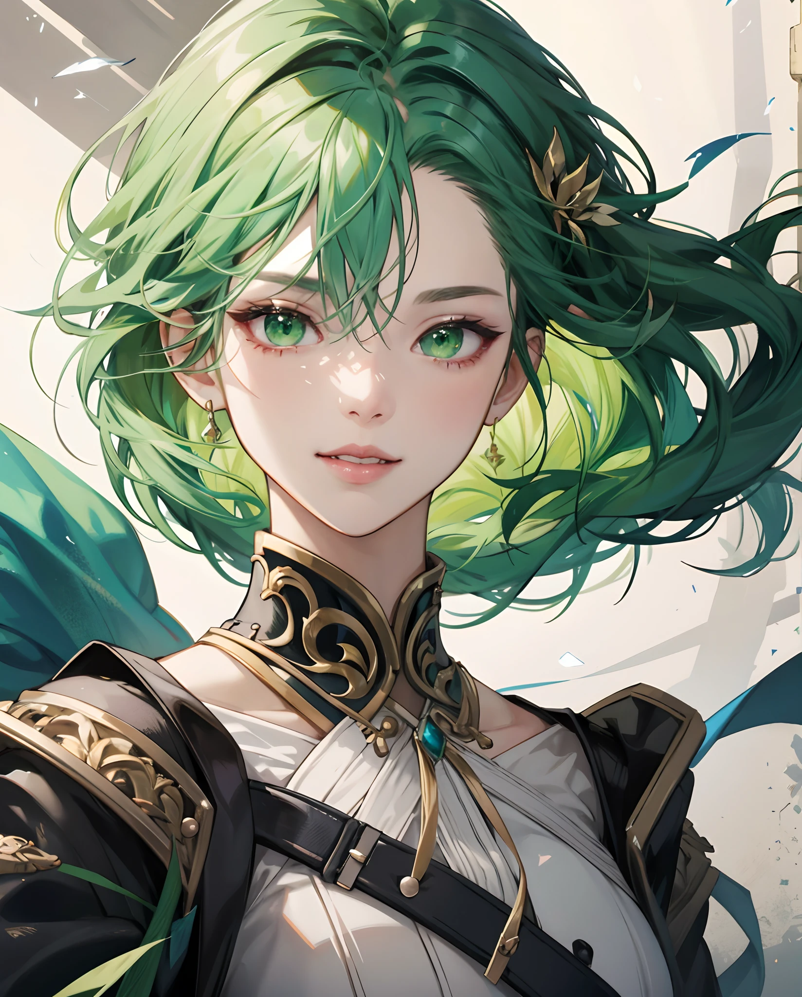 masterpiece、top-quality、超A high resolution、2D Beautiful Girl、animesque、teens girl、green colored hair、short-haired、Vampire-like figure、Beautiful yellow-green eyes、The clothes are also depicted in detail、Eyes are depicted in detail、The face is depicted in detail、sorcerer、soio、Gentle smile、hair adornments、animesque、illustratio