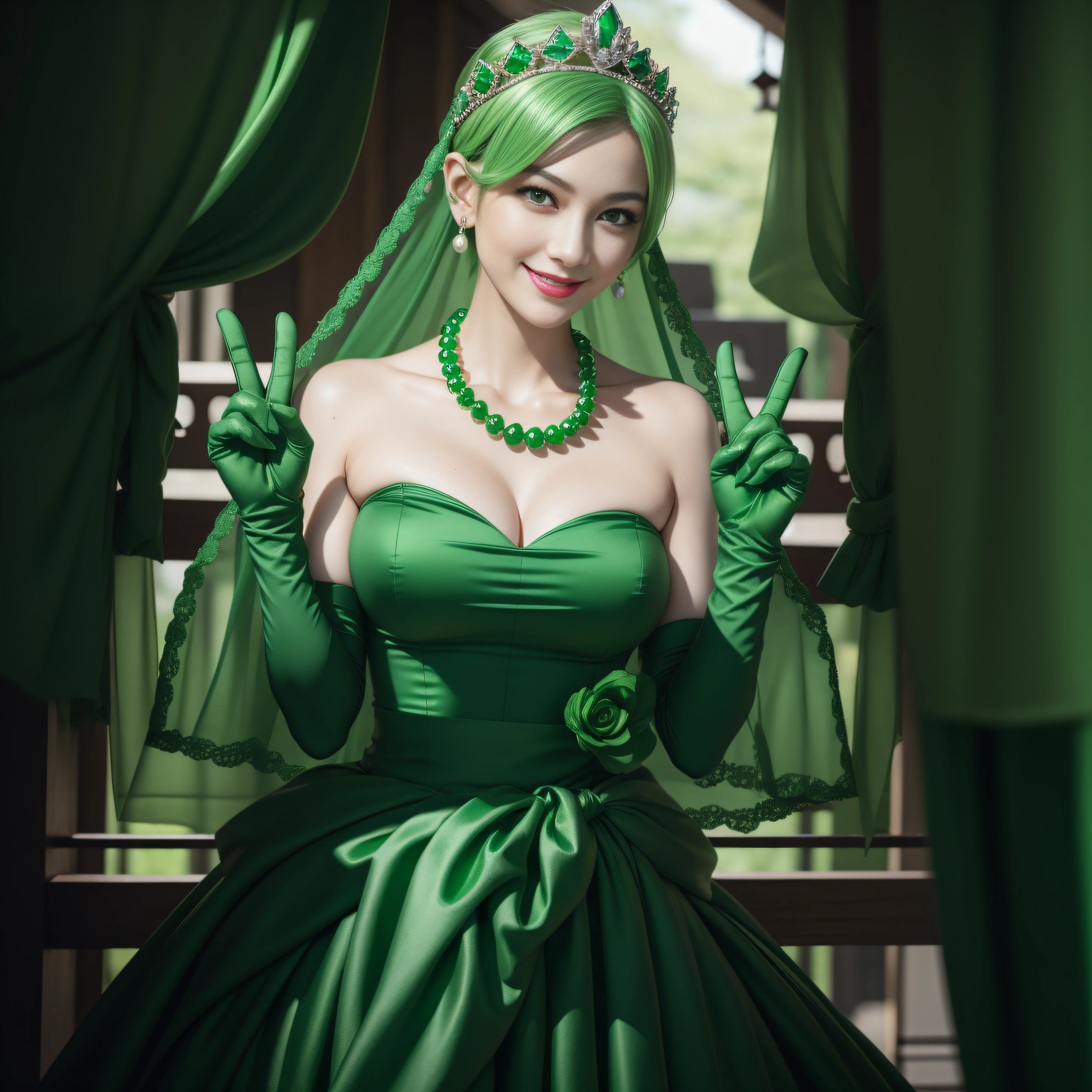emerald tiara, Green Pearl Necklace, Boyish very short green hair, lipsticks, Japan woman smiling, very short short hair, big breasts beautiful, Green eyes, Long green gloves made of satin material, Green eyes,v sign, Emerald earrings
