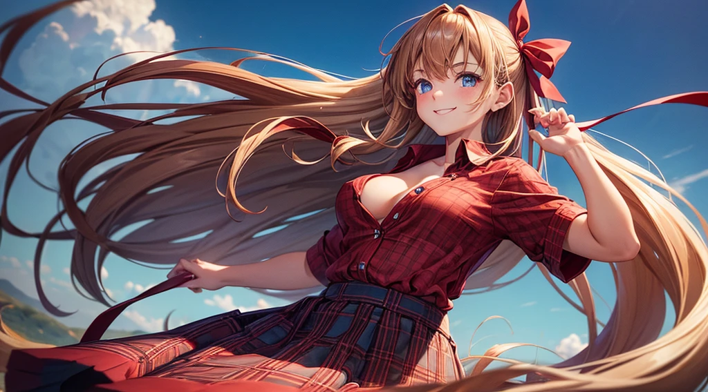 1girl, solo, summer, long hair, chestnut hair, large breasts, button down, ((opened shirt)), dark blue eyes, ((red shirt)), ((checked shirt)), ((long skirt)), ((unbuttoned shirt)), smile, looking at the viewer, moving, hair ribbon