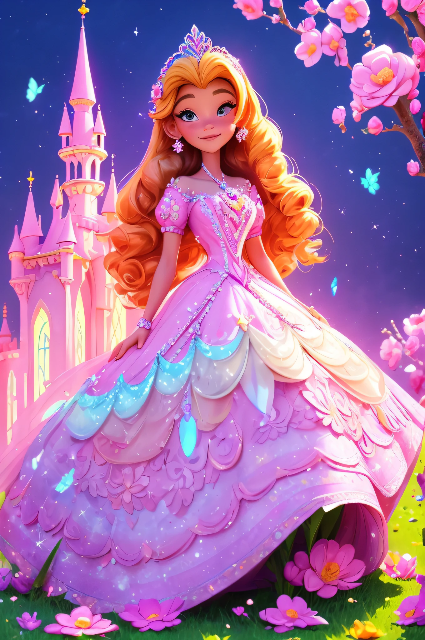 A young 6-year-old princess, full of wonder and magic, is in a field of blooming flowers. Her long dress, in the style of Disney's Princess Sofia, is a vision of pastel colors and delicate lace. A diamond tiara rests on her head, reflecting the sunlight and casting a rainbow of colors around her. In the distance, her castle stands tall and proud, a symbol of her royal heritage.