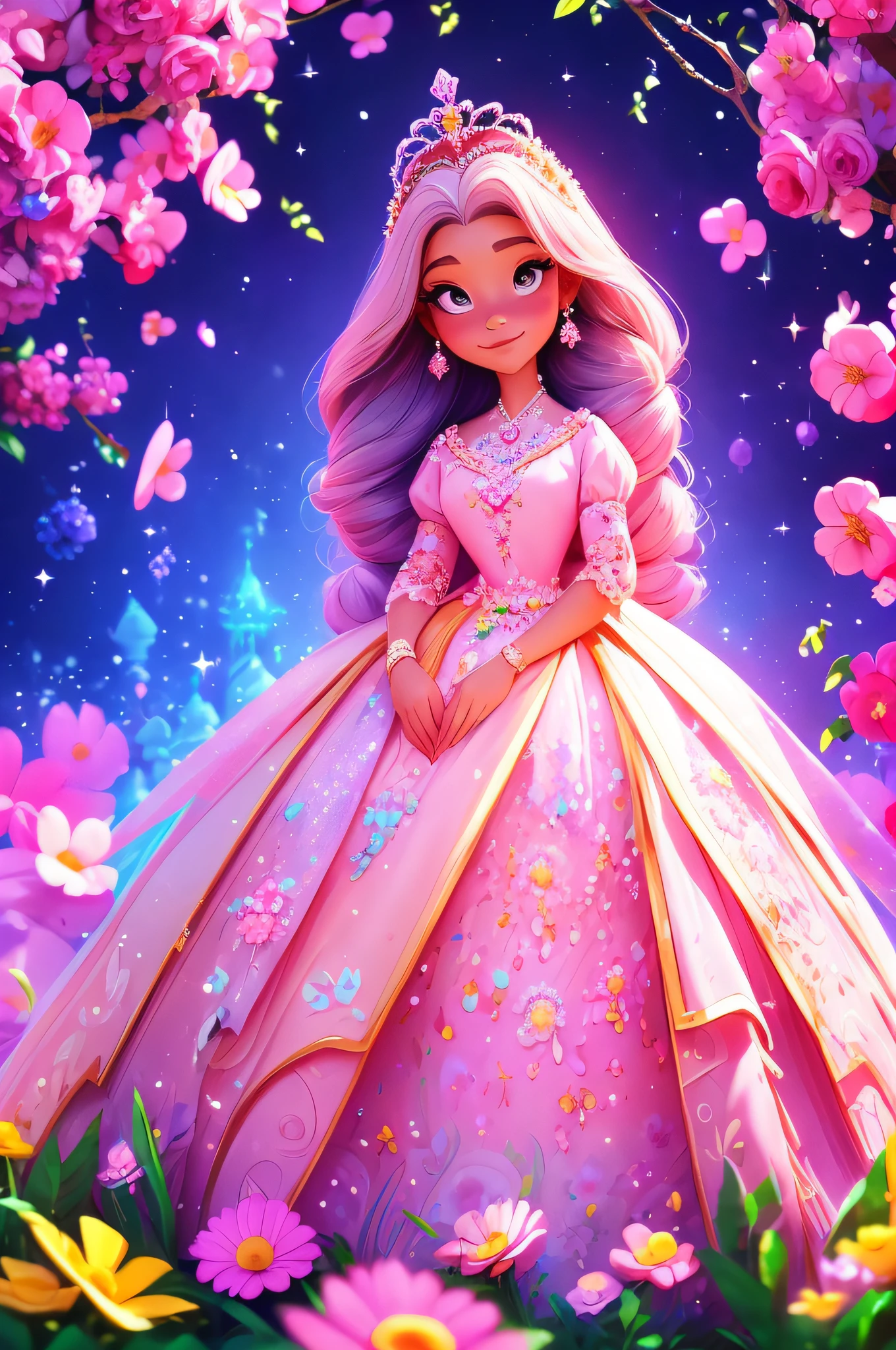 A young 6-year-old princess, full of wonder and magic, is in a field of blooming flowers. Her long dress, in the style of Disney's Princess Sofia, is a vision of pastel colors and delicate lace. A diamond tiara rests on her head, reflecting the sunlight and casting a rainbow of colors around her. In the distance, her castle stands tall and proud, a symbol of her royal heritage.