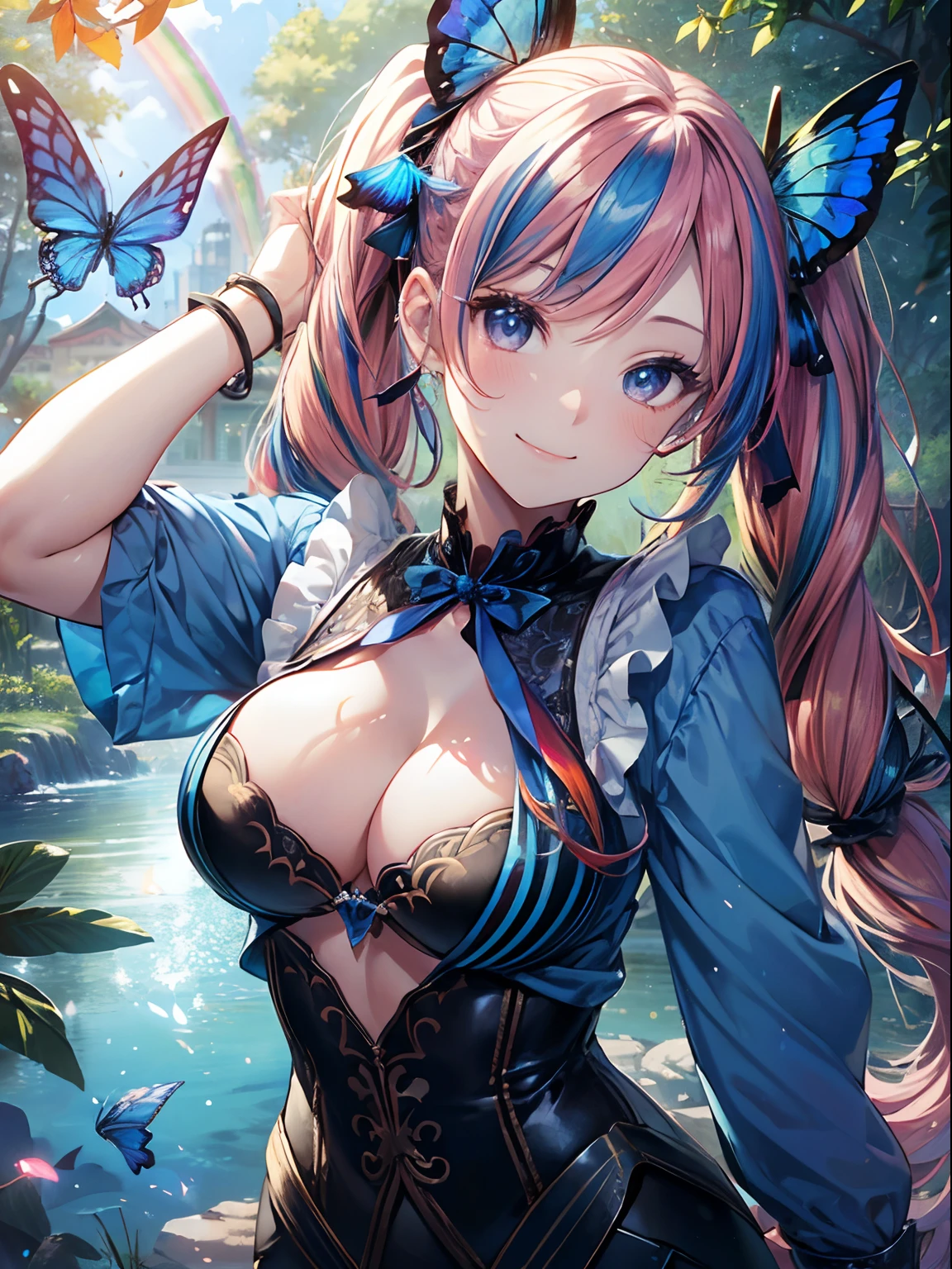 Morning park、adventurer、adventure、daggers、(masutepiece:1.3), (8K, Photorealistic, Raw photo, Best Quality: 1.4), Beautiful face, (Realistic face), Beautiful detailed eyes, (Realistic skin), Attractive, Intricate details,Golden ratio, 1 girl,Naughty smile, (rainbow hair:1.4),((Long twintails,Ribbon 1.4)),Blue athletic wear,(Blue Butterfly Hair Ornament 1.3),cleavage,Dynamic Pose,Dynamic Angle,Intricate details, Hyper realistic、a smile、Smiling、Face enhancement、marason、Autumn Park、the morning sun、Luz Divina、Deities、Heaven、rainbows