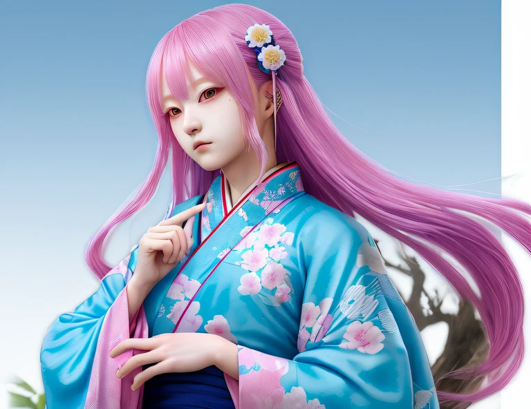 1 girl,kagura,long hair, pink hair,blue umbrela,ultra detail,kimono