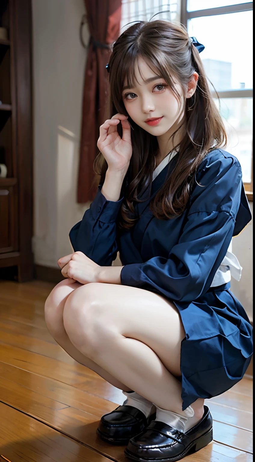 ((Dark blue socks)) Put your hands on your knees ((Brown loafers)a blond、((White panties are visible))(Squatting panty shots)二重まぶた Lashes beatiful detailed eyes、ultra-detailliert、Transcendent beauty top-quality、masterpiece、、(Japanese girls' high school uniform))、Very detailed expression school classrooms Highly detailed appearance girl、front facing、((dynamicposes)))、pleatedskirt、Ribbon 1,2 Sexy Upper Eyes A slight smil low angles