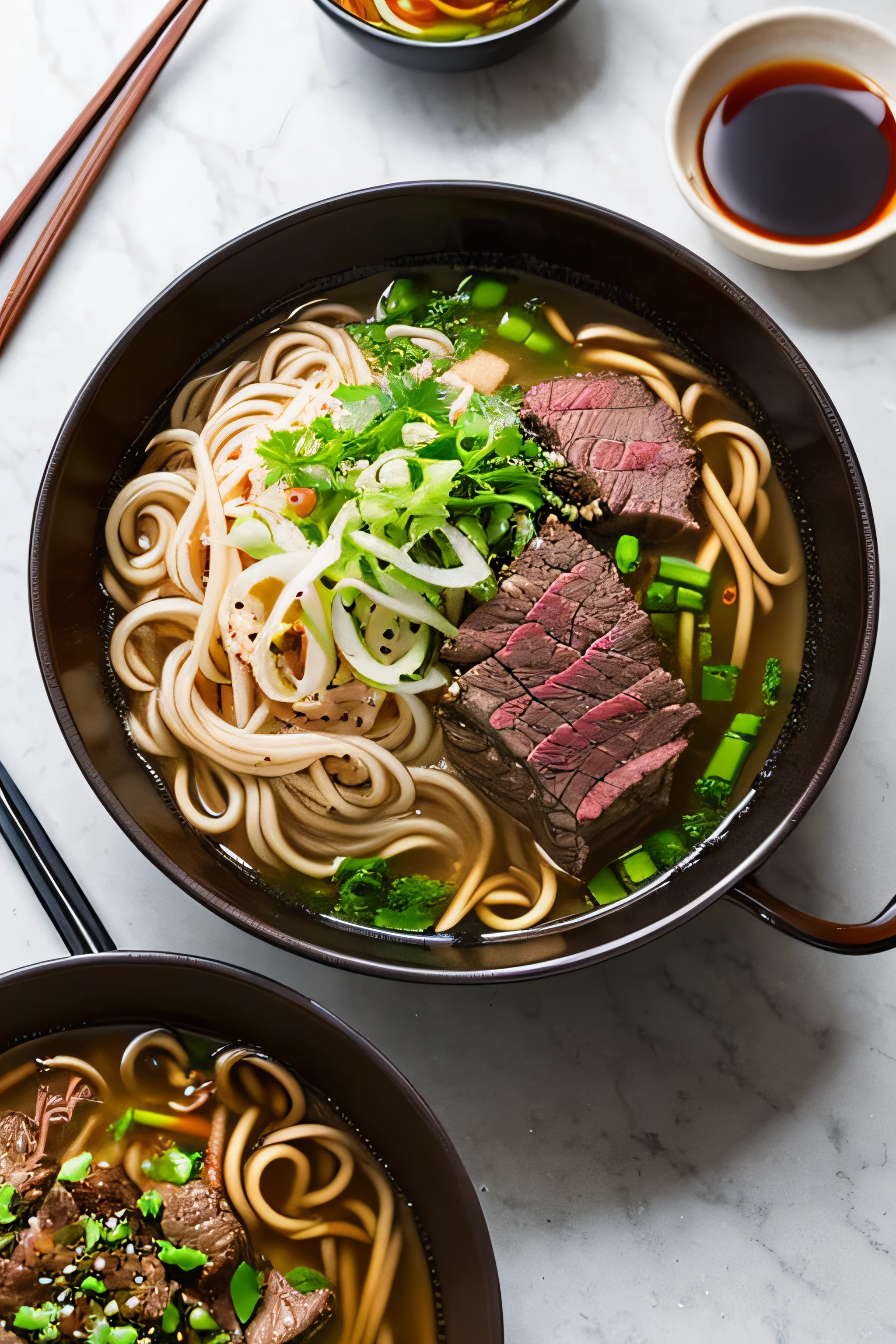 Product photography, 50-degree photo angle, a bowl of beef noodles