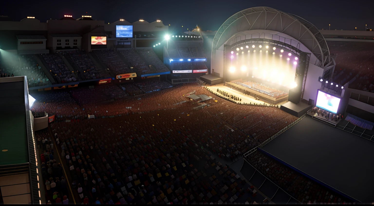 Crowd watching country music show in front of a stage seen from above.