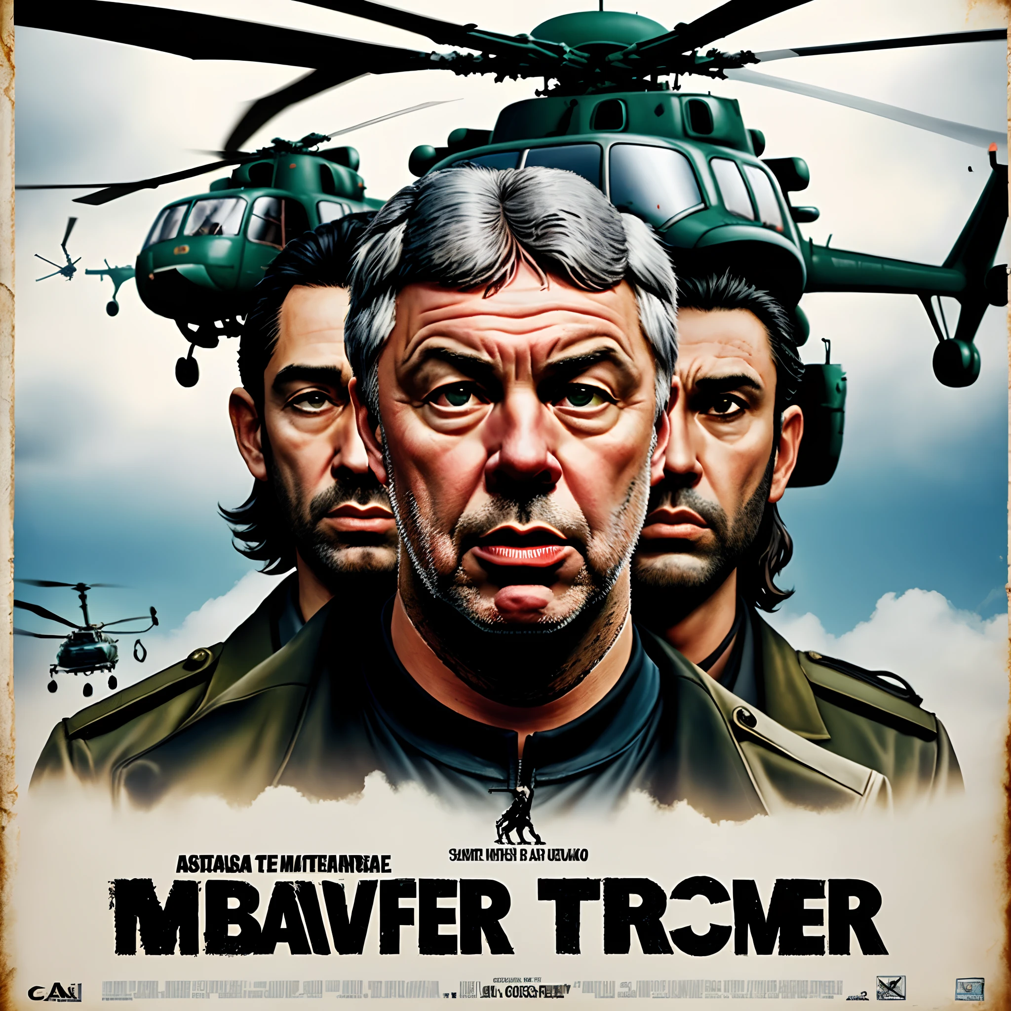 A movie poster of Carlo ancelotti starring in a movie titled terrorism with helicopters and men in daishikis in the background