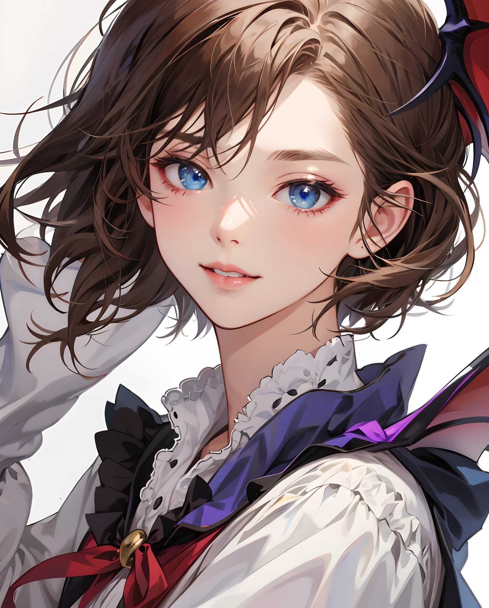 masterpiece、top-quality、超A high resolution、2D Beautiful Girl、animesque、teens girl、brown haired、short-haired、Vampire-like figure、Beautiful blue eyes、The clothes are also depicted in detail、Eyes are depicted in detail、The face is depicted in detail、sorcerer、soio、Gentle smile、hair adornments、animesque、illustratio