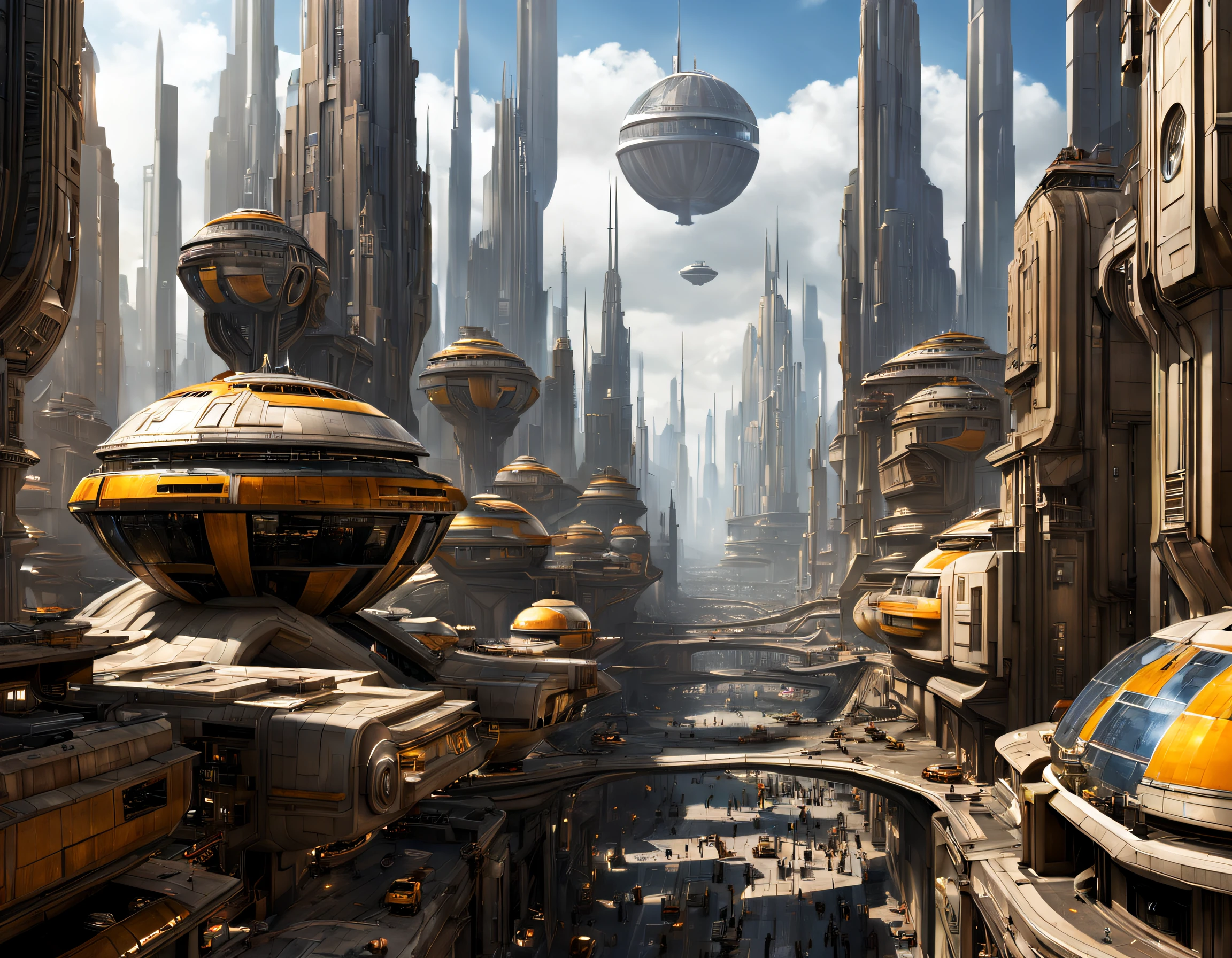 The city of Coruscant from Star Wars as designed by Doug Chiang, futuristic fantasy city with immense buildings of technological design (que forman una avenida infinita), edificios compactor no difuminados, con estructuras acristaladas en plata, oro y bronce espectaculares, (con colores vivos). pavimento ensolado (sin brillo). gente paseando. imagen bien definida con muchos edificios juntos. imagen nitida bien definida 8k. los edificios llegan alta el fondo.,8k. imagen cinematografica. iluminacion hora dorada. calidad superior. (obra maestra).