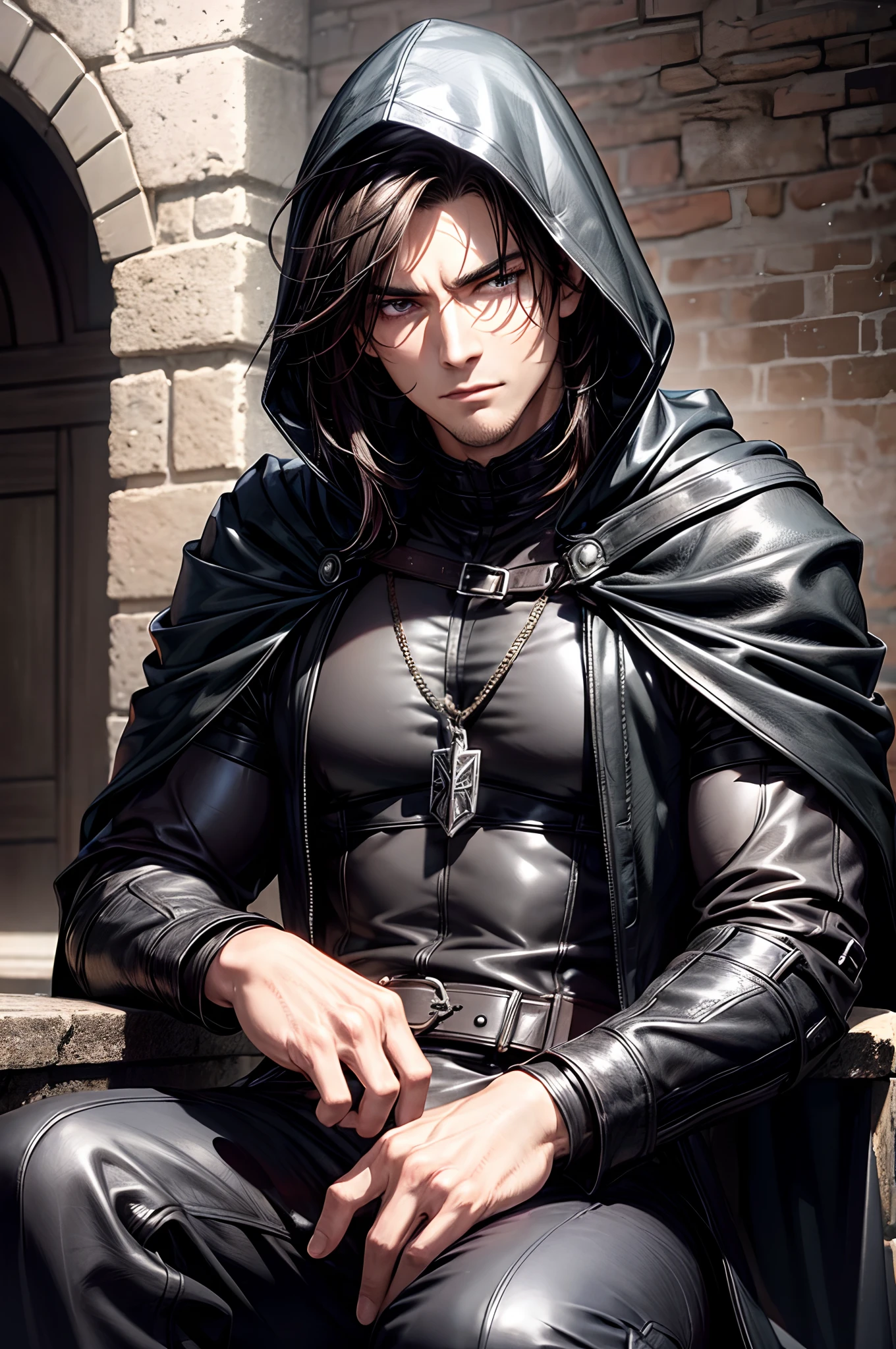 (absurderes, hight resolution, ultra-detailliert), 1 male, Adult, Handsome, High muscular face, broad shoulders, finely detailed eyes, Short black hair, Brown eyes, Black cloak, Wearing a hood, Leather Vest, Leather bag at waist............, 2 daggers on the belt, castle, Medieval atmosphere, Natural Light and Shadow, Bright particles fly around a person, Fantastic, Mysterious, Bright glow, Seated Pose, Serious expression, Cold, thoughtful, Mouth Shut