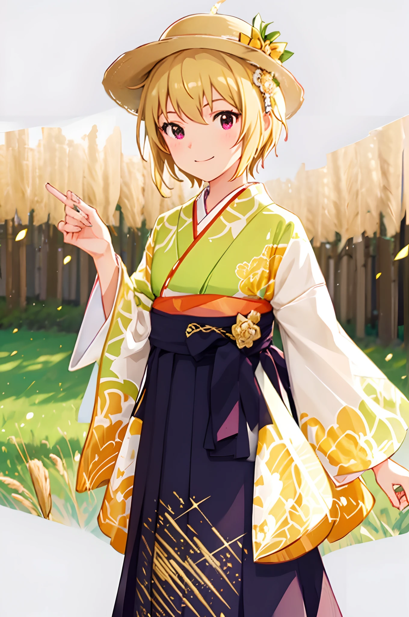 tsubasa ibuki (million live), 1 girl, Solo, Cute Girl, Best Quality, Ultra-detailed, 8K, High resolution, Detailed face, shiny skin, (portrait), light smile, straw hat, kimono, hakama skirt, long skirt, (standing in the wheat field),