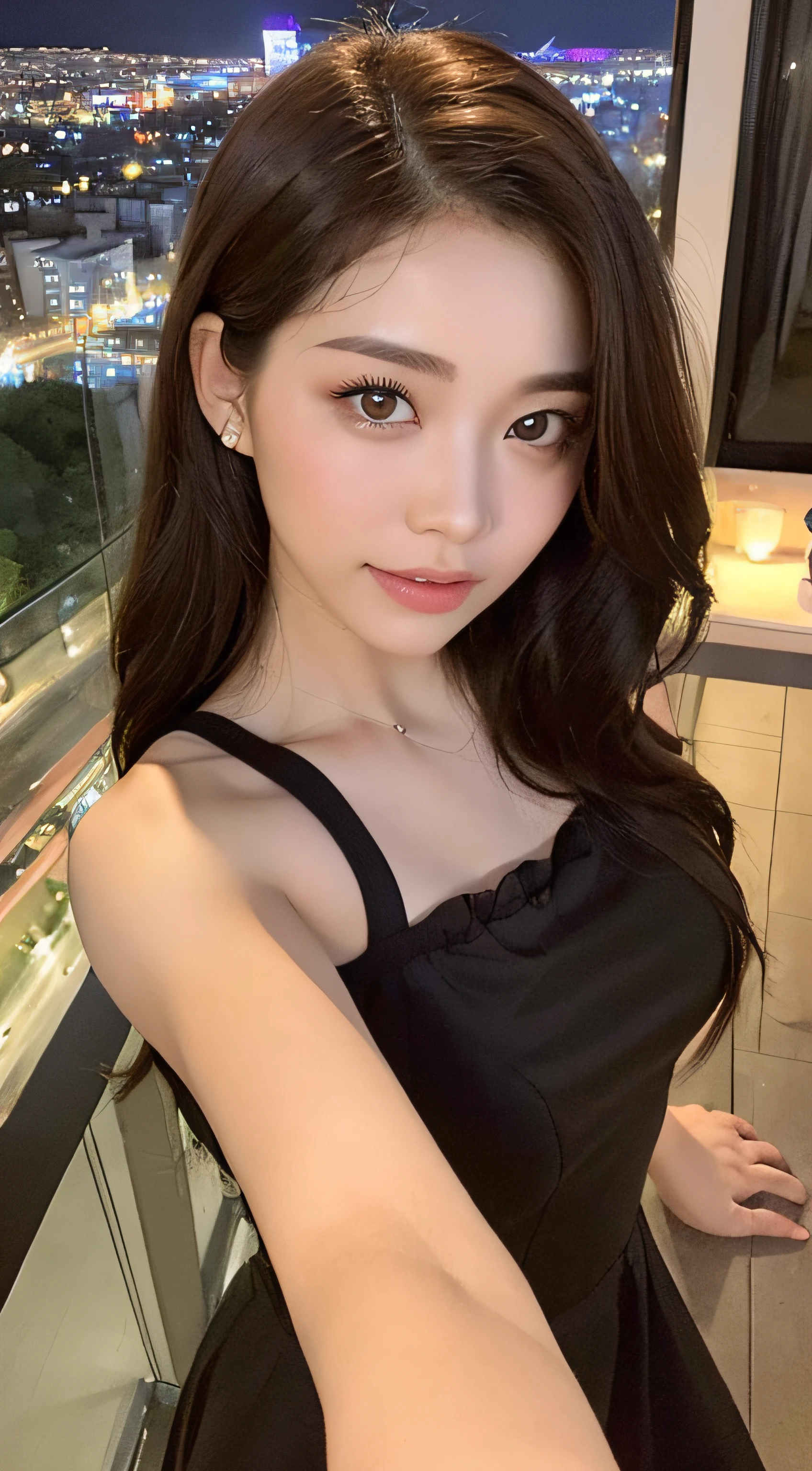 ((Best quality, 8k, Masterpiece: 1.3)), Selfie, Sharp focus: 1.2, Cute beautiful woman with perfect body: 1.4, Slim big breasts: 1.2, ((Brown hair dark, Big breasts: 1.2)) , (small transparent dress, half naked, highly detailed breasts, Happy expression, Standing: 1.2), ((Night view of the city with rain, Balcony simple: 1.3 making with the female being the main focus)), Highly detailed face and skin texture, Detailed eyes, Double eyelid