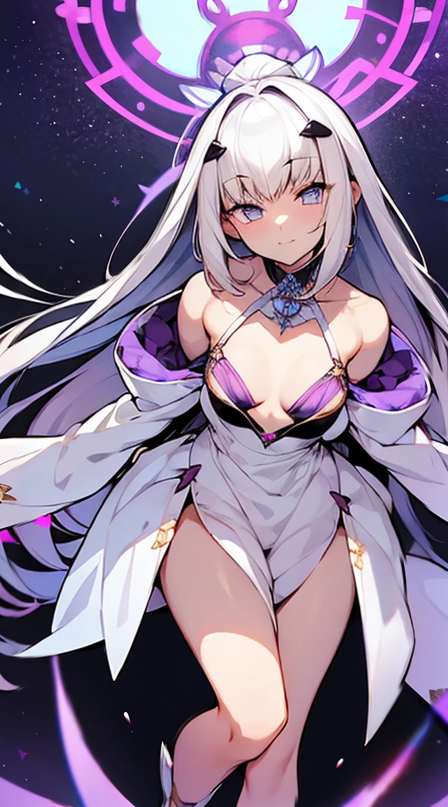 White-haired woman,Beautiful purple eyes,White silk kimono,Beautiful dress, Purple cloth covers all vital organs except the face................., Wear a knee-length white dress..................,The arm does not reach the top of the hip..................,The arms are small................, But the ligaments are very large..................,Soft hands,at night,,turned sideways..,realistic fingers,tiny,With thumb,5 fingers per hand,There are two arms....,With breasts