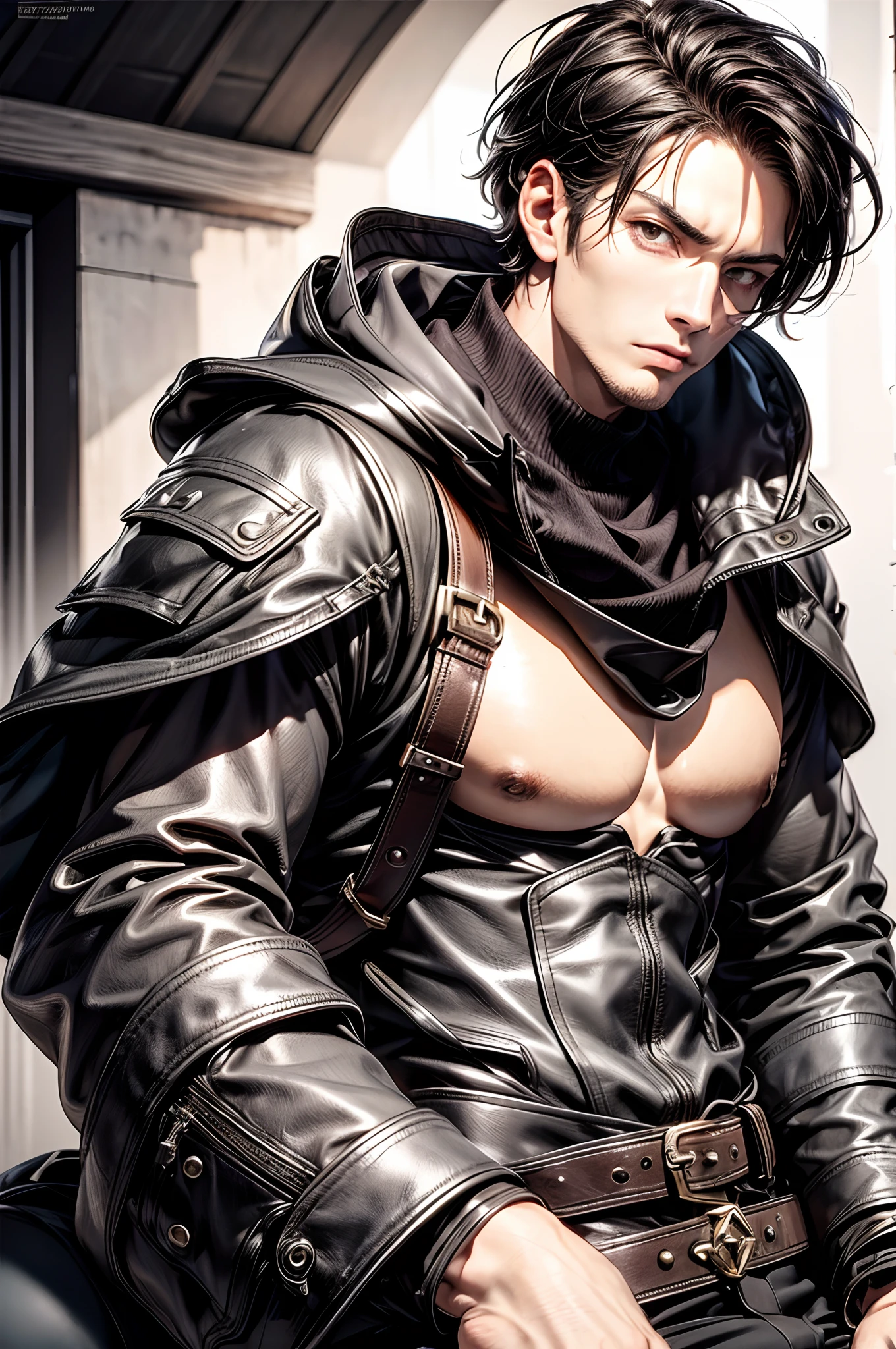 (absurderes, hight resolution, ultra-detailliert), 1 male, Adult, Handsome, High muscular face, broad shoulders, finely detailed eyes, Short black hair, Brown eyes, Black cloak, Wearing a hood, Leather Vest, Leather bag at waist.............., 2 daggers on the belt, castle, Medieval atmosphere, Natural Light and Shadow, Bright particles fly around a person, Fantastic, Mysterious, Bright glow, Seated Pose, Serious expression, Cold, thoughtful, Mouth Shut