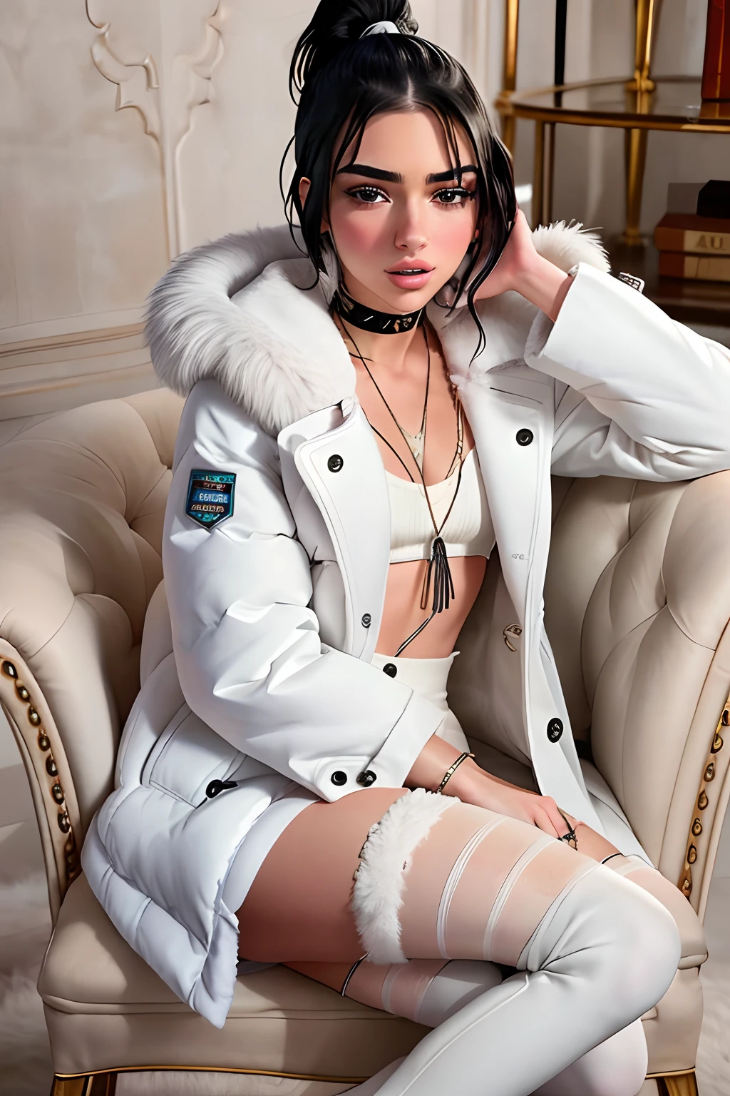 arafed woman in a white coat sitting on a chair with a white coat, kendall jenner, dua lipa, photo from vogue magazine, fur covered legs, white fur, vogue photoshoot, furry legs, photoshoot for vogue magazine, official vogue editorial, lv, jen atkin, 🤬 🤮 💕 🎀, charli xcx, wearing a white winter coat