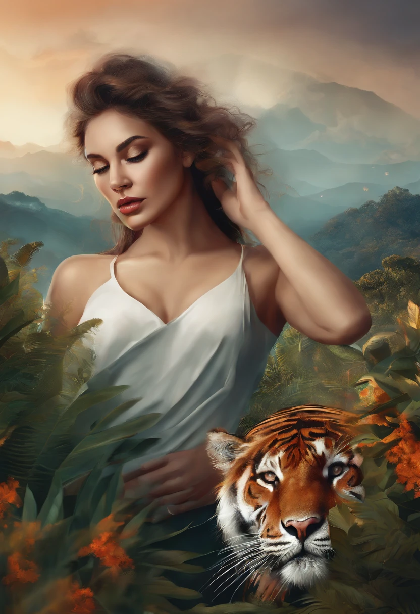 Draw a tiger,Draw a woman's face and a tiger's head, stunning digital illustration, Beautiful digital artwork, gorgeous digital art, Exquisite digital illustration, art of alessandro pautasso, stunning digital painting, beautiful digital art, beautiful gorgeous digital art, stunning digital art, Amazing digital art, Gorgeous digital painting, Beautiful digital illustration, highly detailed digital artwork