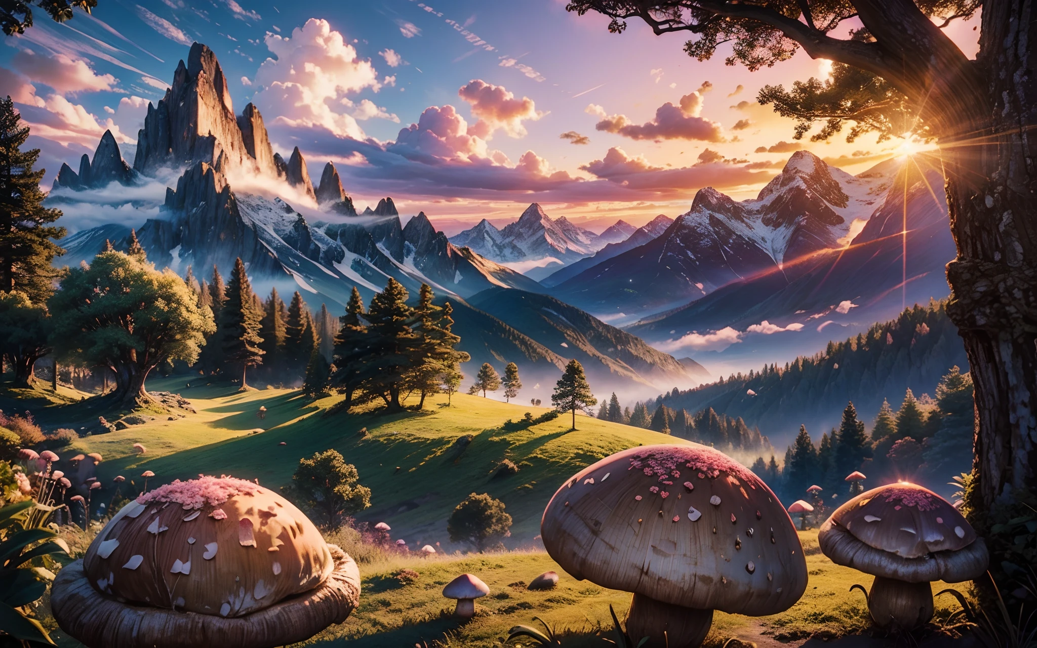 masterpiece: 1.4, fantasy, sunset, big pink clouds, fairytail, mountains on the background, little insects on the foreground, little mushrooms under trees