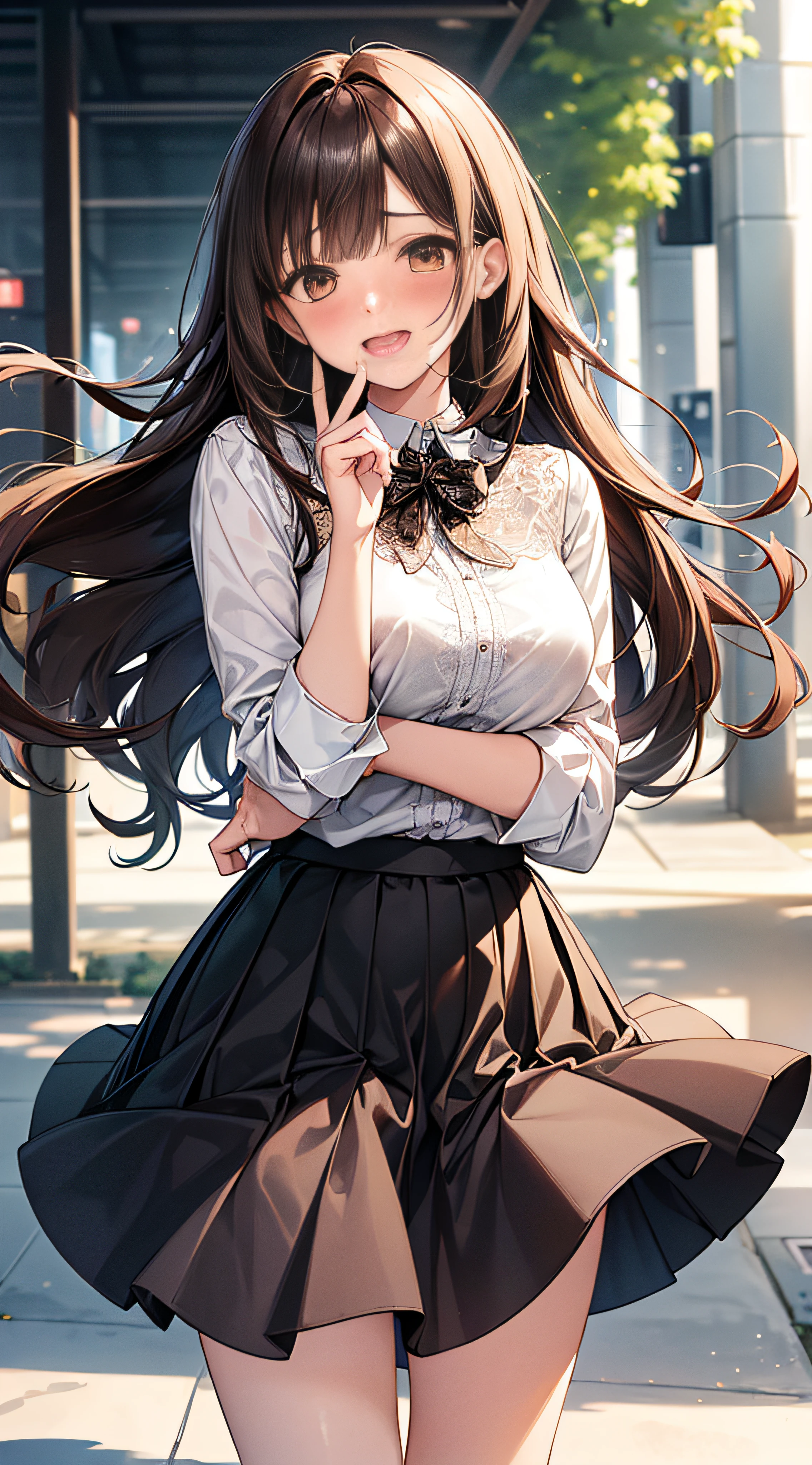 top-quality、超A high resolution、1womanl,dark brown hair,Long Wave Hair、a 20 yo woman、medium large breasts、((Impatient expression)),Beautiful Medium Big、White shirt,Mini flared skirt,well-styled、(Cute expression with a shy smile)、((Open mouth))、((Blushing cheeks、embarassed expression)),(((The skirt is rolled up by the wind)))、(front facing)、((I can see all my panties))((Hold down the skirt))、(See below)、((Pale yellow lace panties))