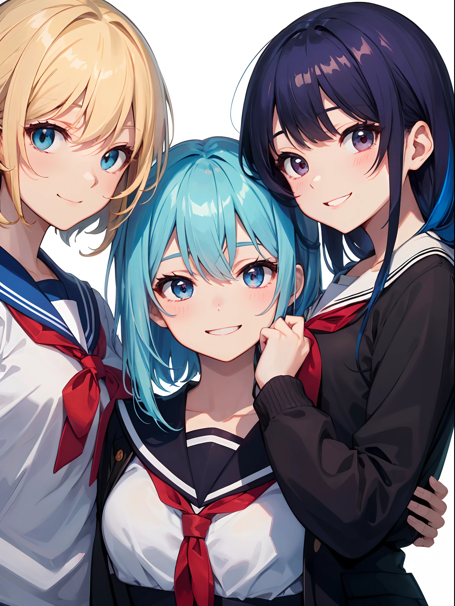 tmasterpiece、topquality、details、hight resolution、extreamly delicate and beautiful、Blue-Haired、simple background、upper body close-up、beautiful breasts、high school girl、sailor suit、high school uniform、Student clothes、Smile、Several women's fields、5 women、4 females、3 women、